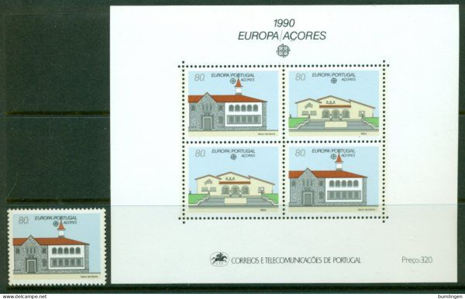 PORTUGAL – AZORES 1990 Mi 409 + BL 11** Europa CEPT – Postal Buildings [B393] - 1990