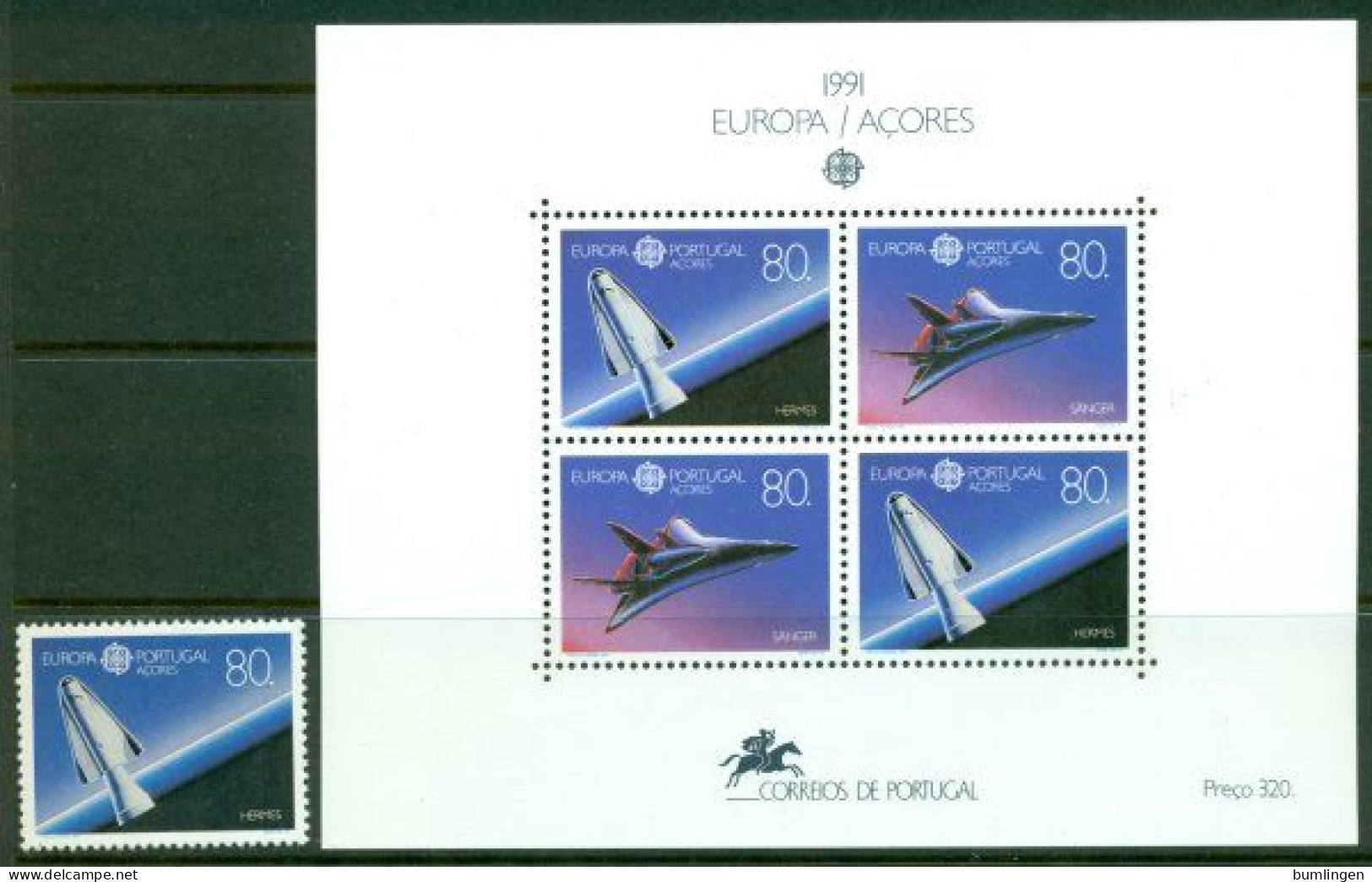 PORTUGAL – AZORES 1991 Mi 415 + BL 12** Europa CEPT – Space [B394] - 1991