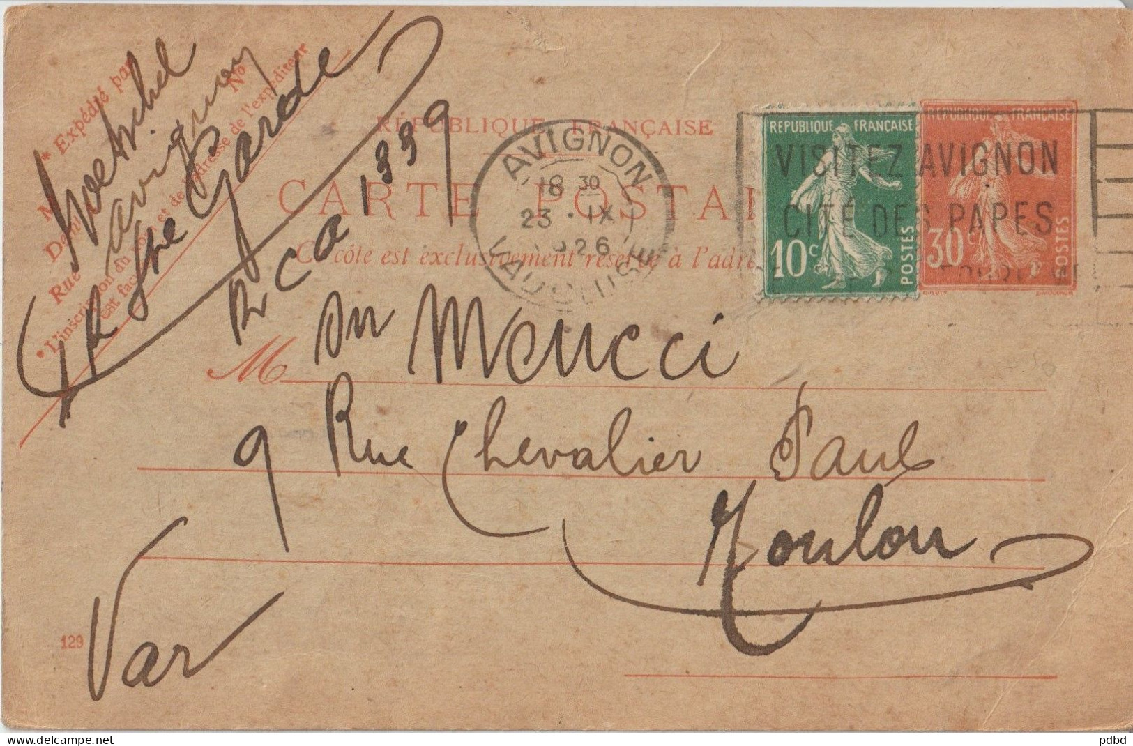 VP 65 . Entier Postal Sur Carte . Type Semeuse . Avignon . 1926 . - Enveloppes Types Et TSC (avant 1995)