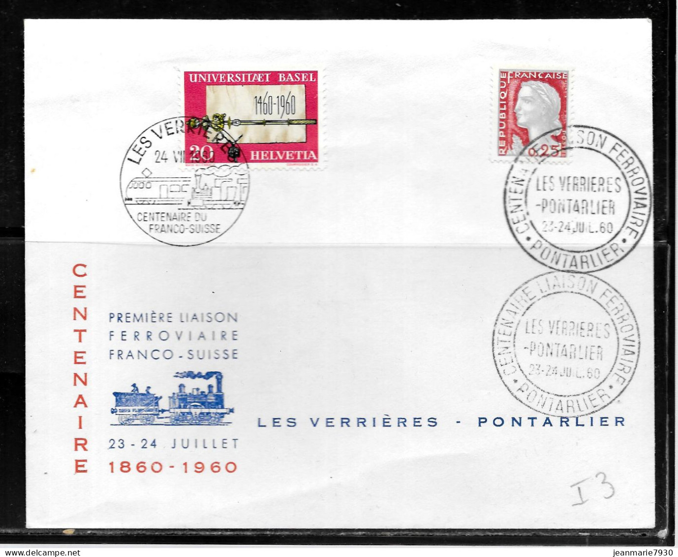 N252 - SUISSE - LETTRE DE LES VERRIERES DU 24/07/1960 POUR PONTARLIER FRANCE - CENTENAIRE 1ère LIAISON FRANCO SUISSE - Ferrocarril