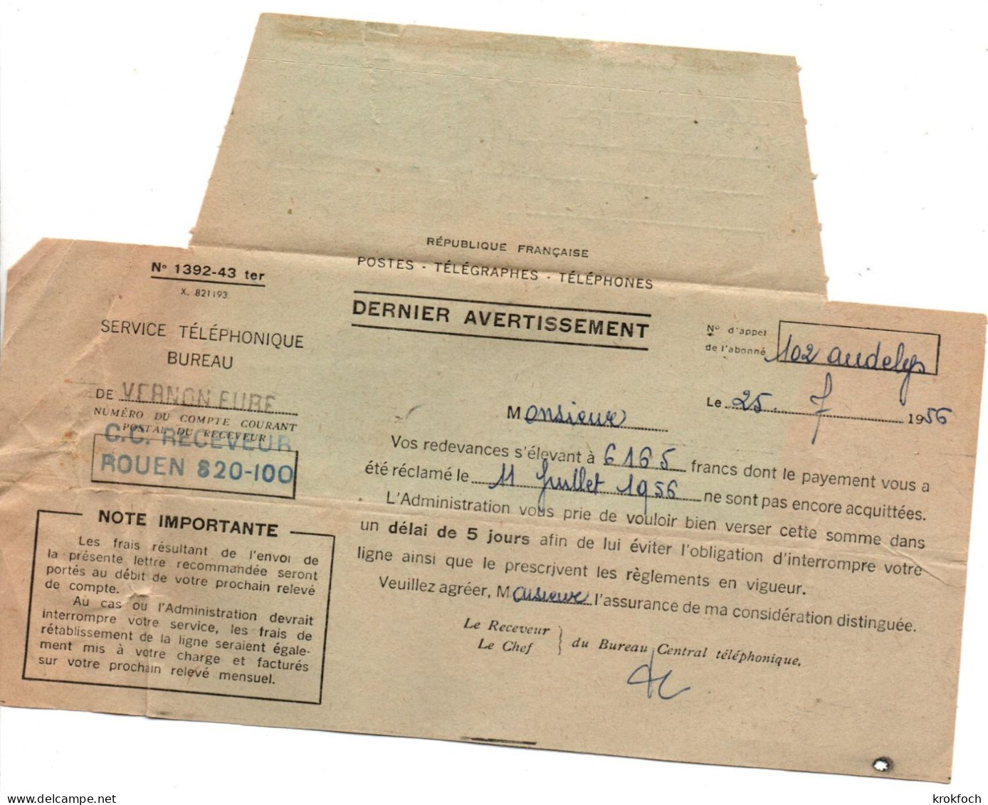 Télégramme PTT Service Téléphonique - Vernon Eure 1956 - Dernier Avertissement - Télégraphes Et Téléphones