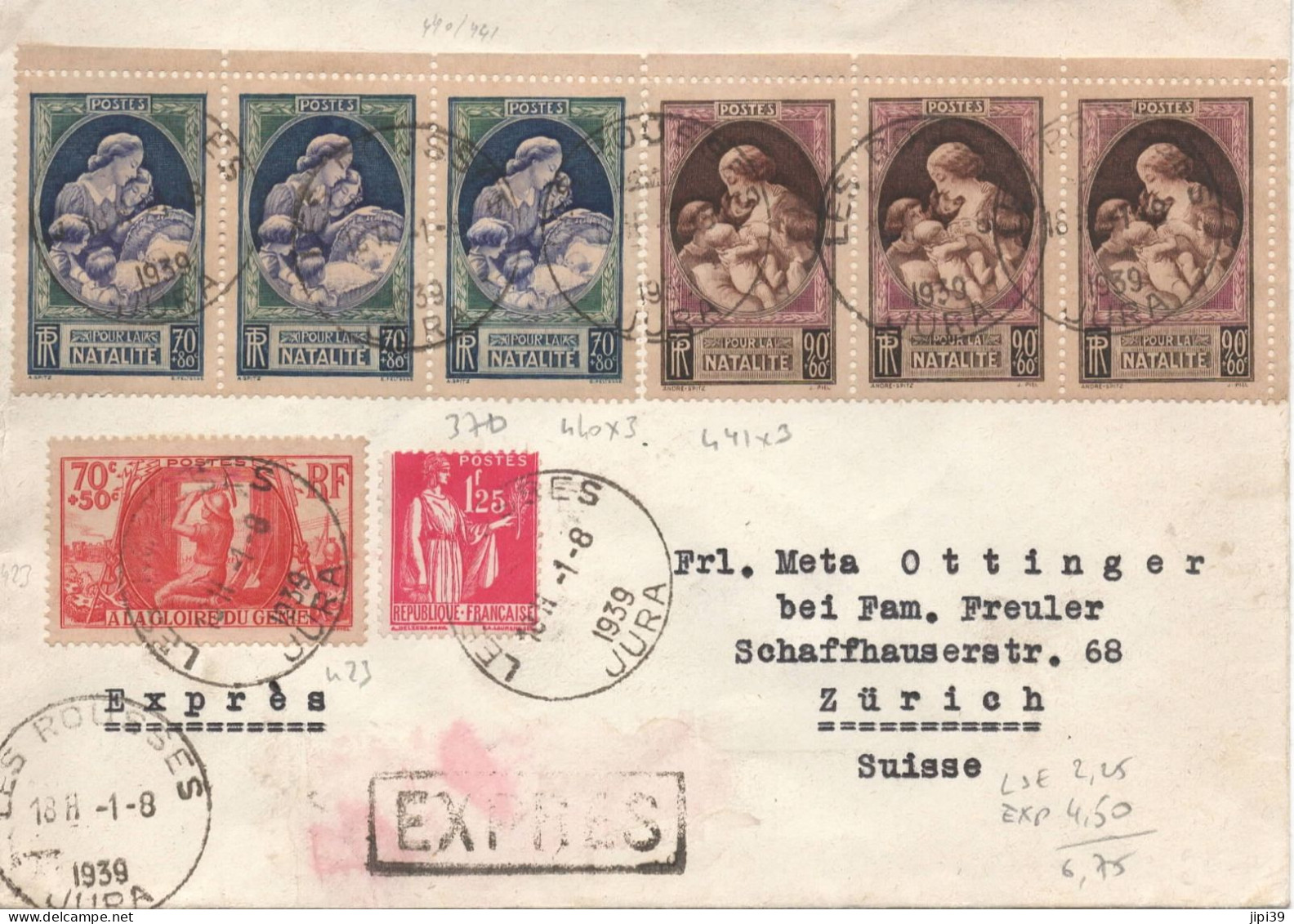 JURA : LES ROUSSES : RARE Lettre EXPRES Au Tarif Pour La SUISSE ,  Superbe Affranchissement Du 1.08.1939  TTB - Postal Rates