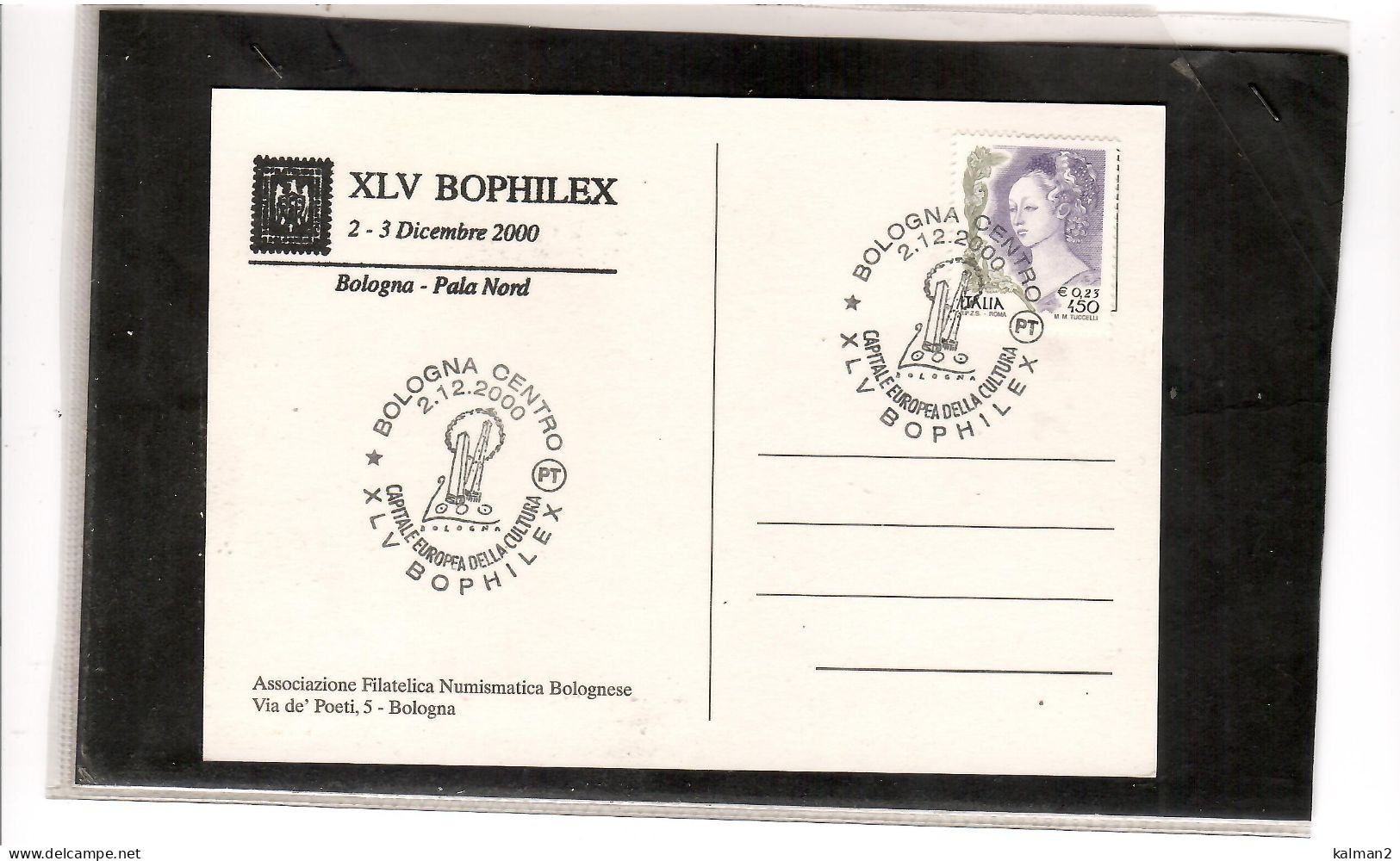 TEM19756 - BOLOGNA  2.12.2000     /    XLV   BOPHILEX   "  BOLOGNA  CAPITALE EUROPEA DELLA CULTURA" - Esposizioni Filateliche