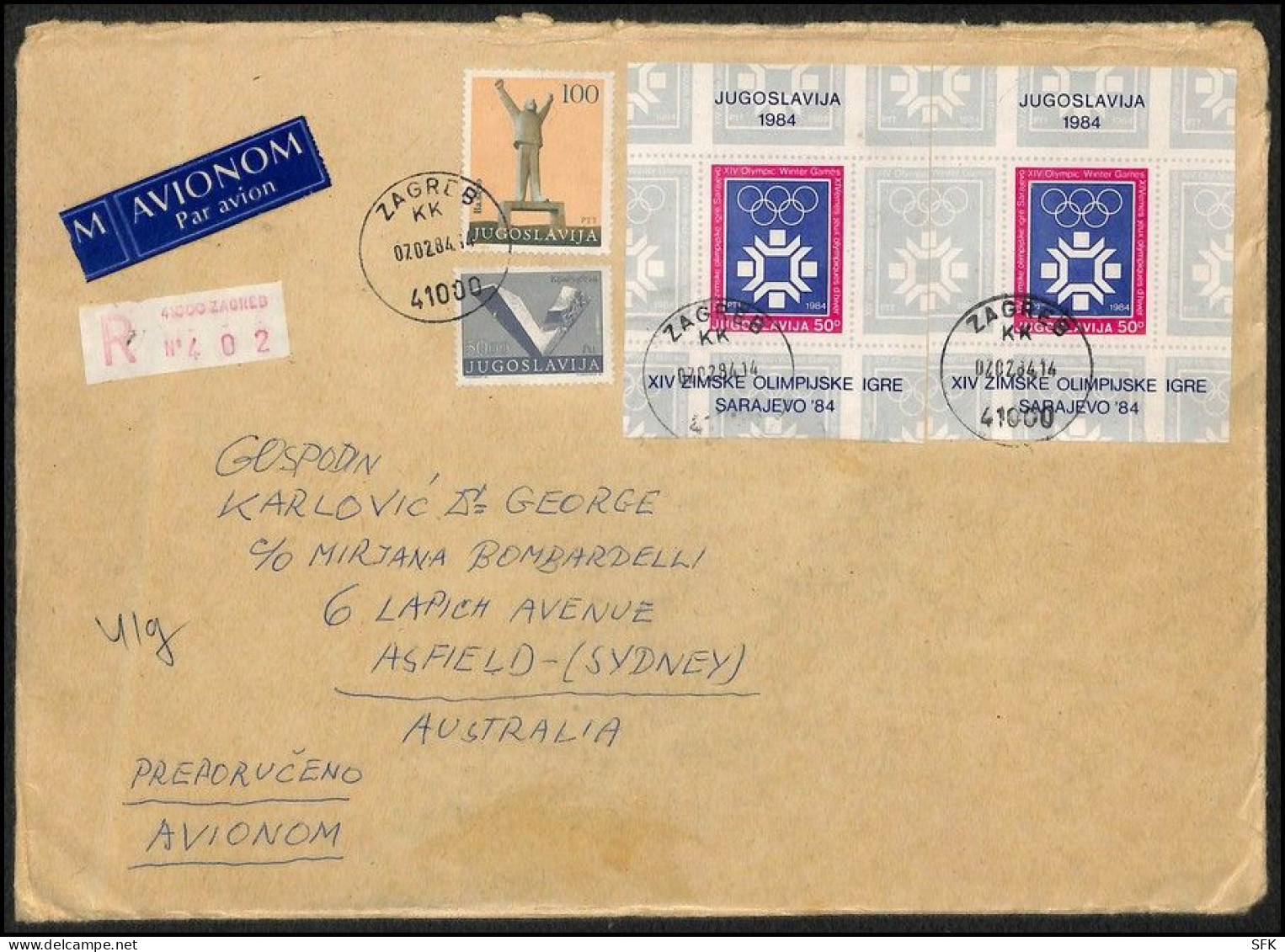 1984 OLIMPIC GAMES IN SARAJEVO: TWO Air Mail Letters Sent 1o Sidney In Australia Rarely Correctly Used  1964 - Covers & Documents