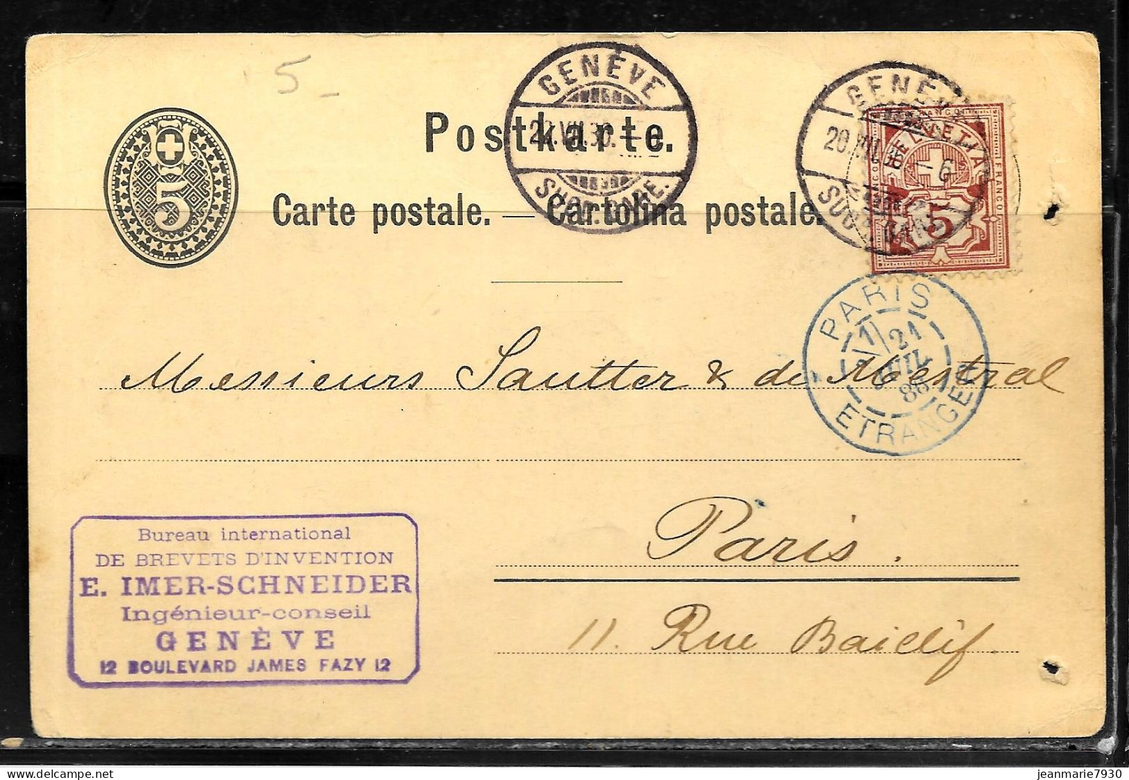 N249 - SUISSE - CP DE GENEVE DU 20/07/1886 POUR PARIS FRANCE - CACHET PARIS ETRANGER - BREVET D'INVENTION IMER SCHNEIDE - Marcophilie