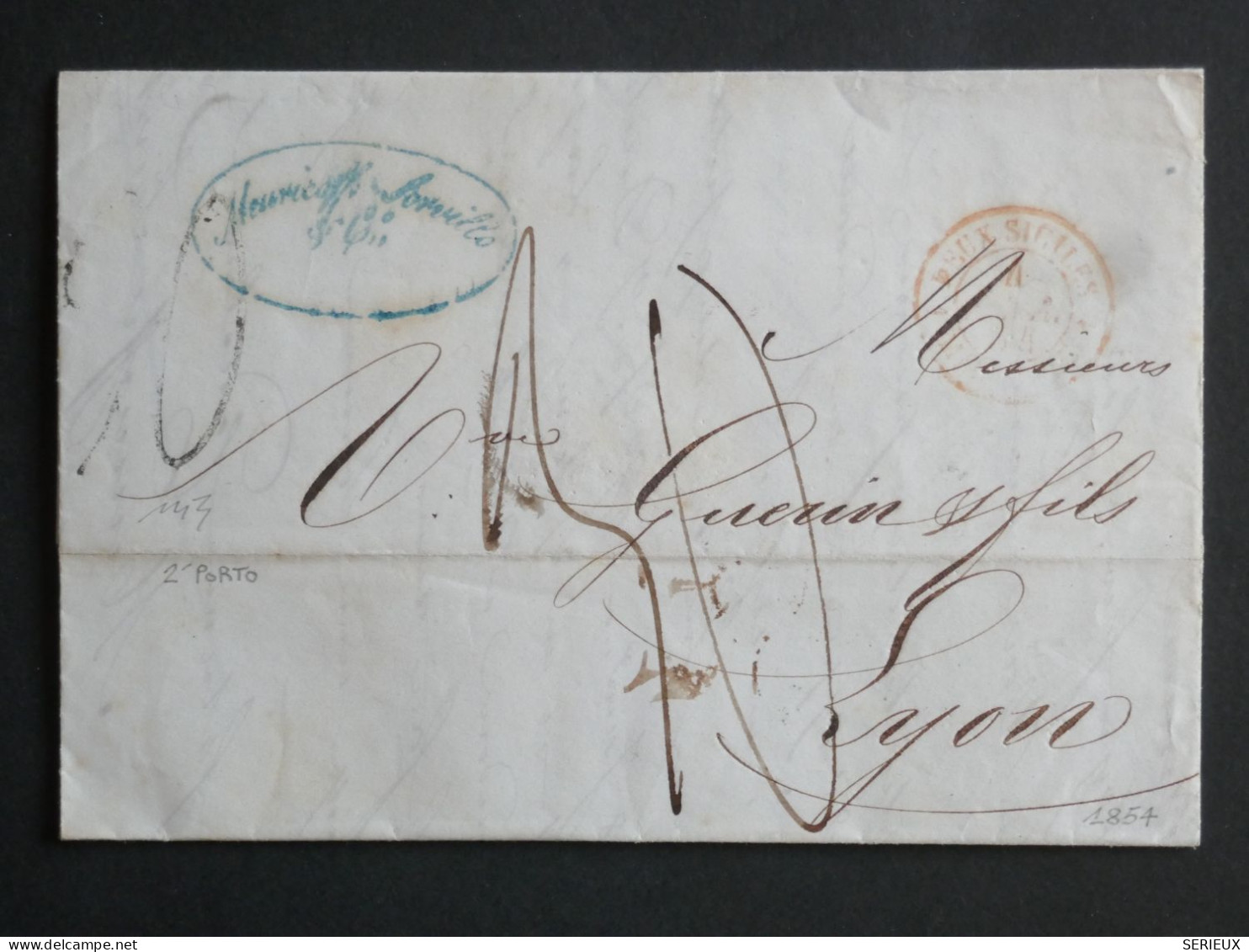 DJ 3 ITALIA  DEUX SICILE   BELLE  LETTRE  1854 NAPOLI A LYON FRANCIA ++ AFF. INTERESSANT+++ - Sicile