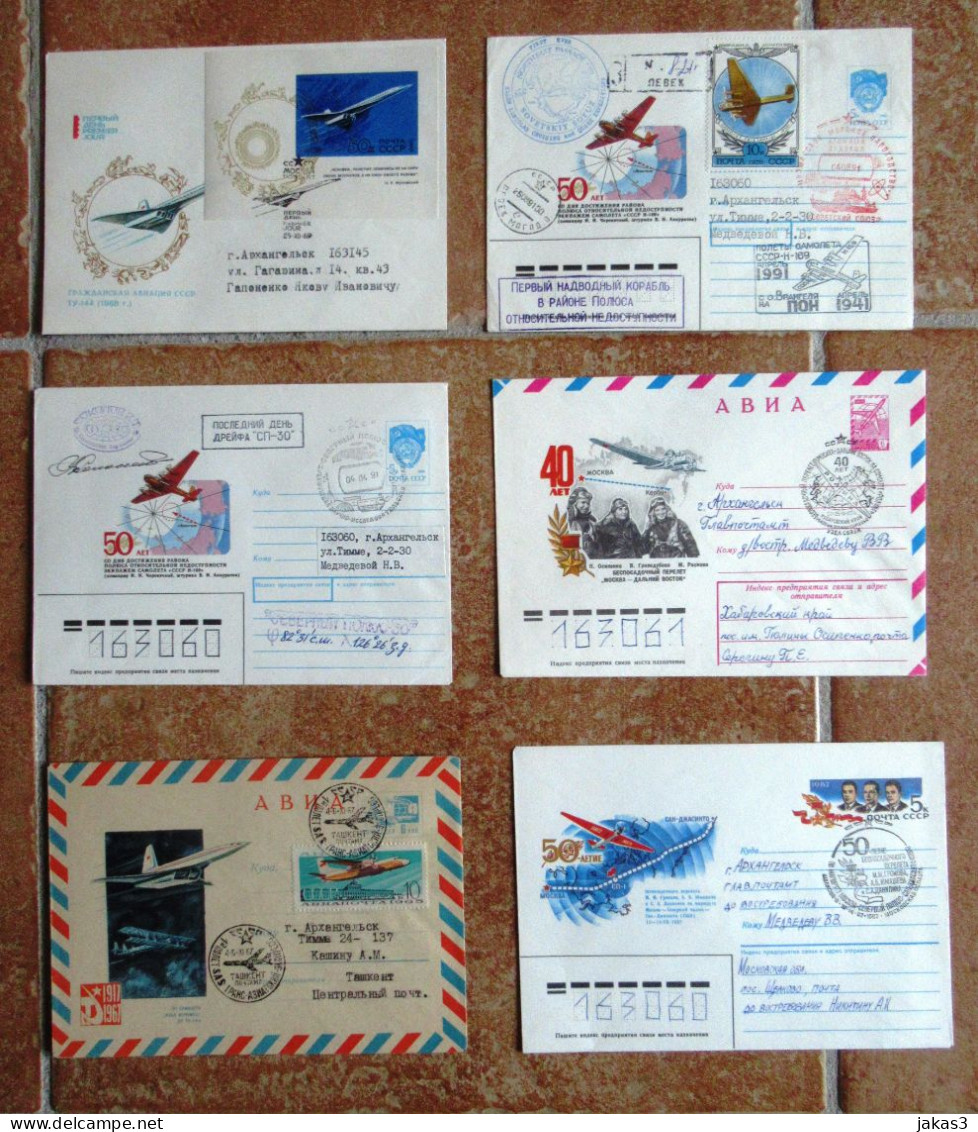 RARE  LOT DE 6 ENVELOPPES  D URSS  -  AVIATION - PREMIERS VOLS - VOLS TRANS-¨POLAIRE - VOLS TRANS-ASIATIQUE - Brieven En Documenten