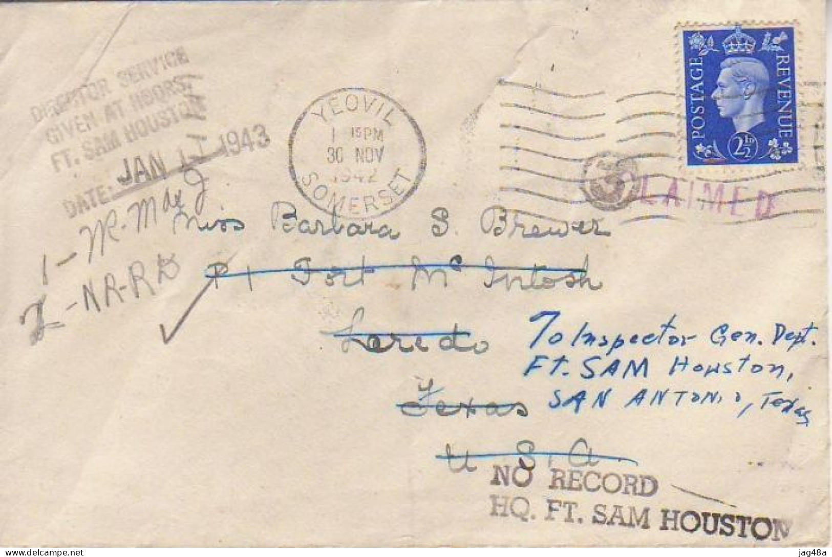 UNITED KINGDOM.  1942/Yeovil, Envelope To Laredo/no Record. - Briefe U. Dokumente