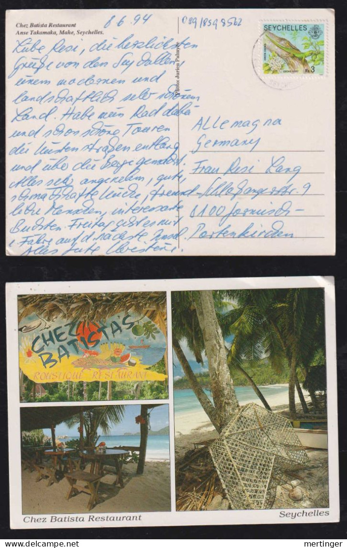 Seychellen Seychelles 1994 Picture Postcard To GARMISCH Germany Gecko Stamp - Seychelles (1976-...)