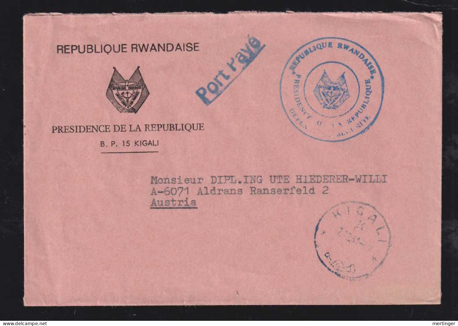 Ruanda 1981 Cover KIGALI X ALDRANS Austria PORT PAYE Presidence De La Republique - Brieven En Documenten