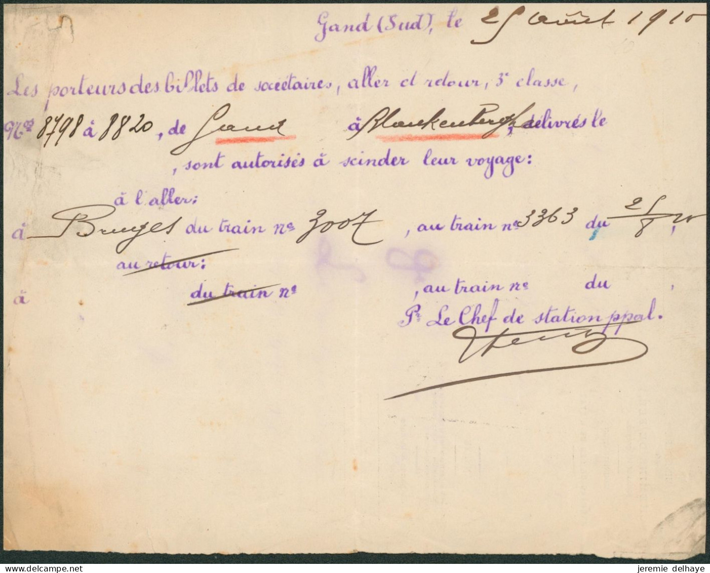 Belgique - Note Manuscrite (Billets, 1910) Aller/ Retour 3e Classe De Gand à Blanckenberghe Sont Autorisés à Scinder Leu - Europe