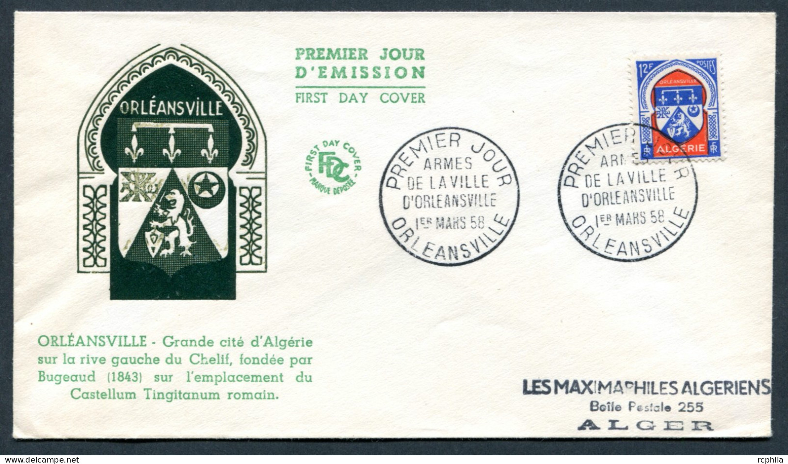 RC 27062 ALGERIE 1958 ARMES DE LA VILLE D' ORLEANSVILLE FDC 1er JOUR - TB - FDC