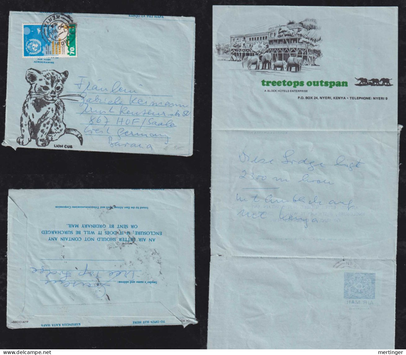 Kenya 1973 Advertising Aerogram NAIROBI X HOF Germany Treetops Outspan Hotel Baby Lion - Kenya (1963-...)