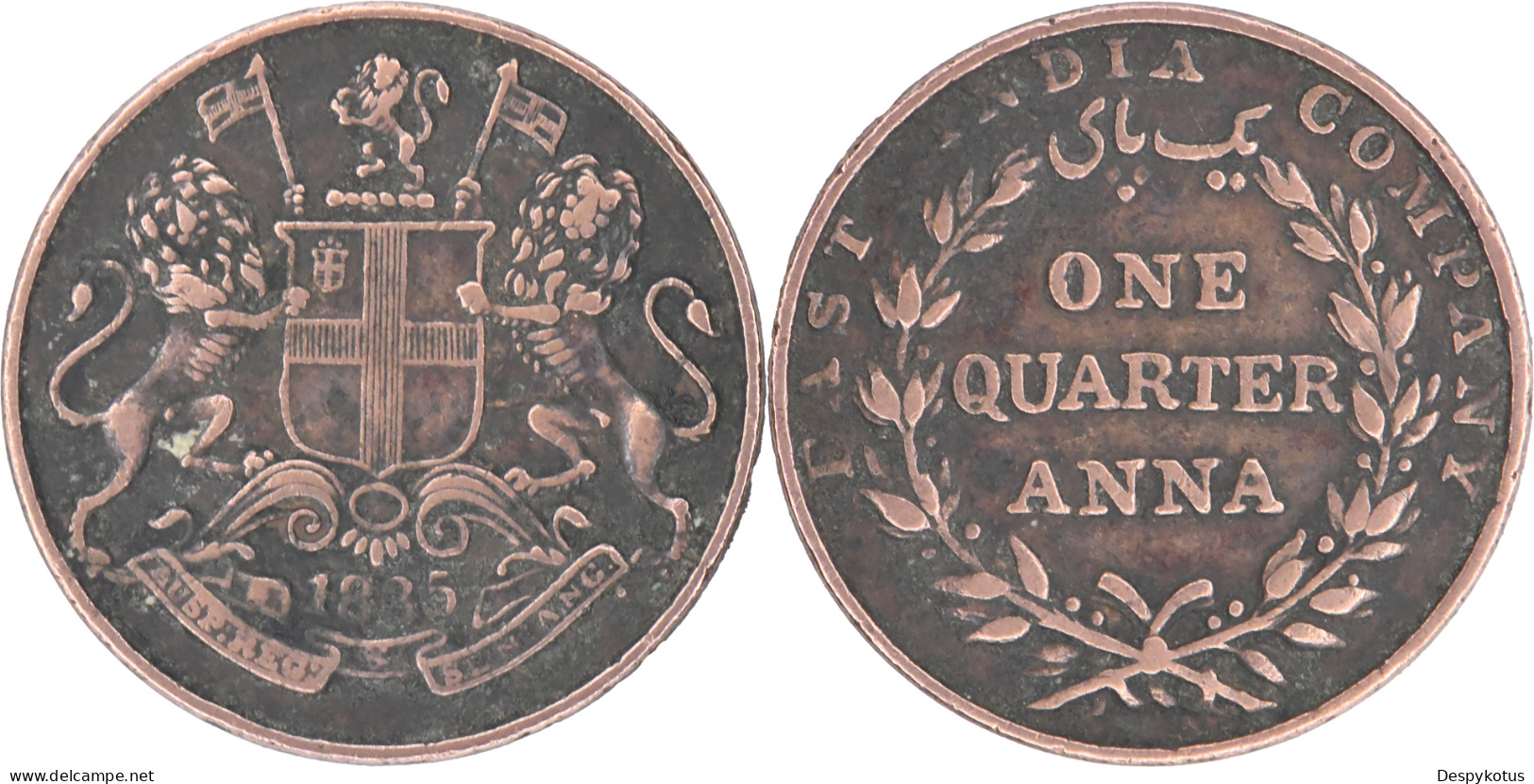 INDE BRITANNIQUE - EAST INDIA COMPANY - 1835 - ONE QUARTER ANNA - 25.28 Mm (Bombay) - 18-200 - Colonies