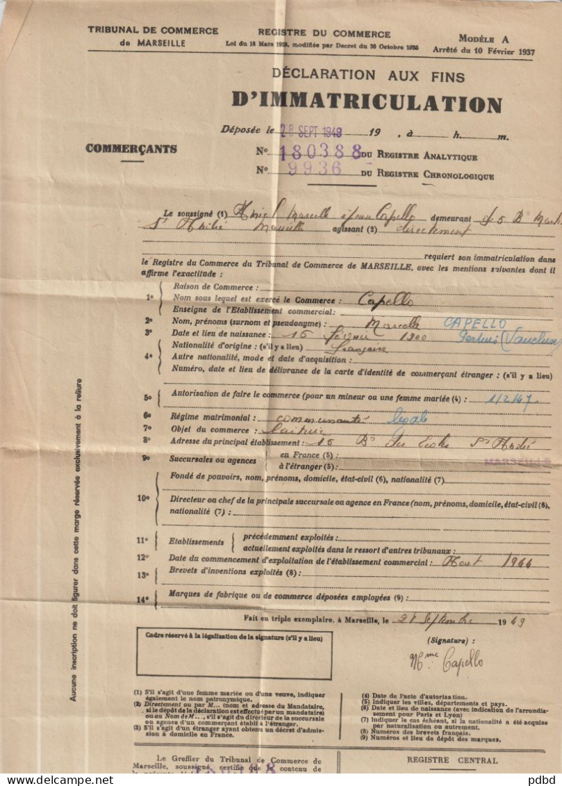 VP 60 . Régistre D'immatriculation . 1949 . Tribunal De Commerce . Document . Marseille . - Bank En Verzekering