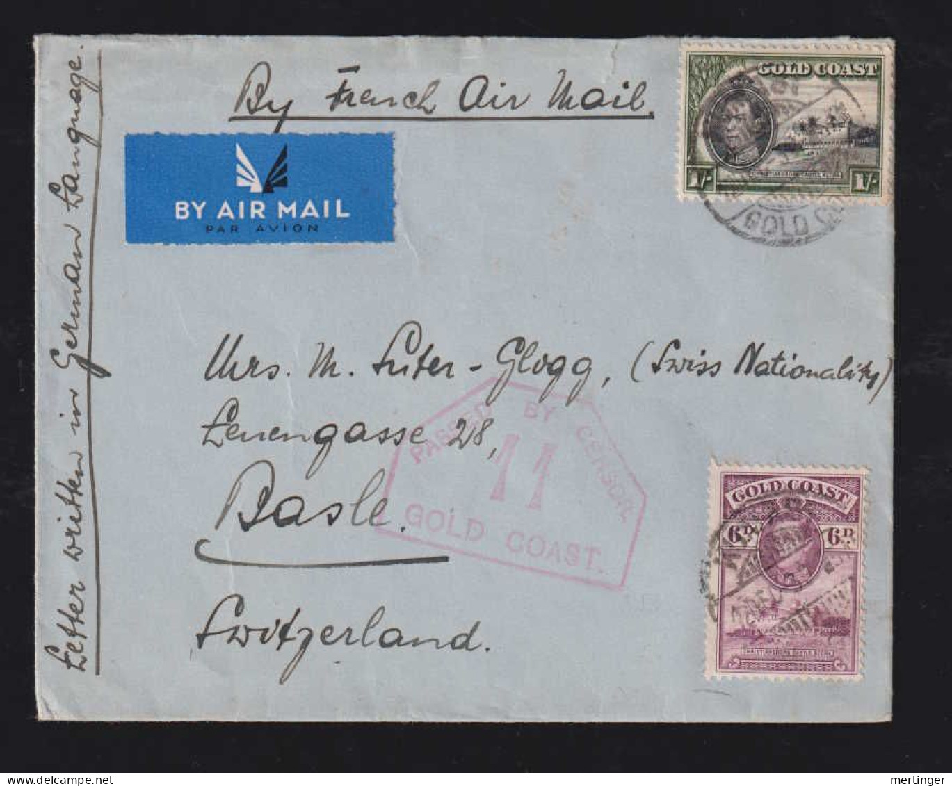 Gold Coast 1939 AIR FRANCE Censor Airmail Cover KUMASI X BALE Switzerland - Costa D'Oro (...-1957)