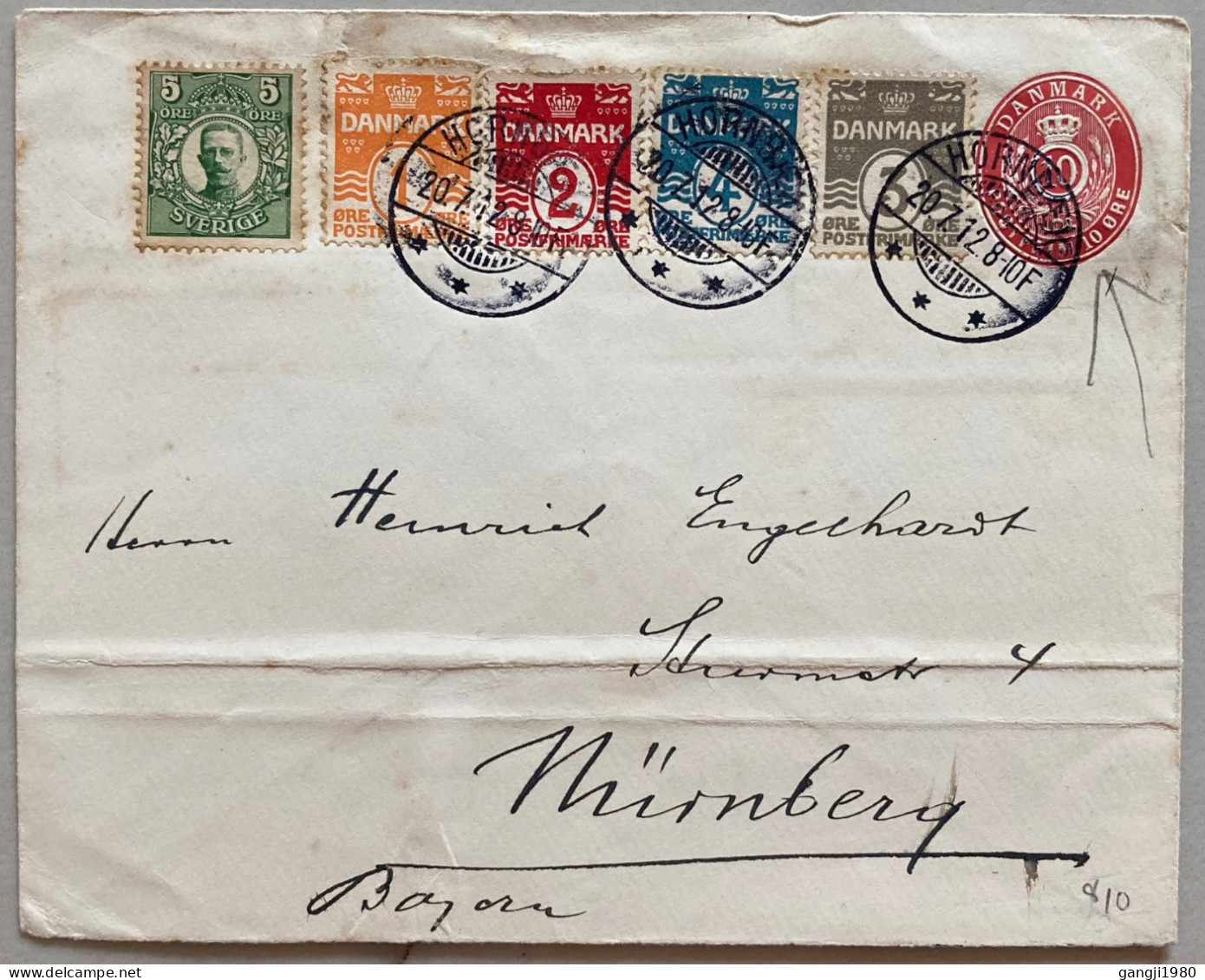 DENMARK 1912, STATIONERY COVER, USED TO GERMANY, 117 IN RING & HORNBAEK CITY CANCEL, 5 DIFF STAMP, KING, COAT OF ARM - Lettres & Documents