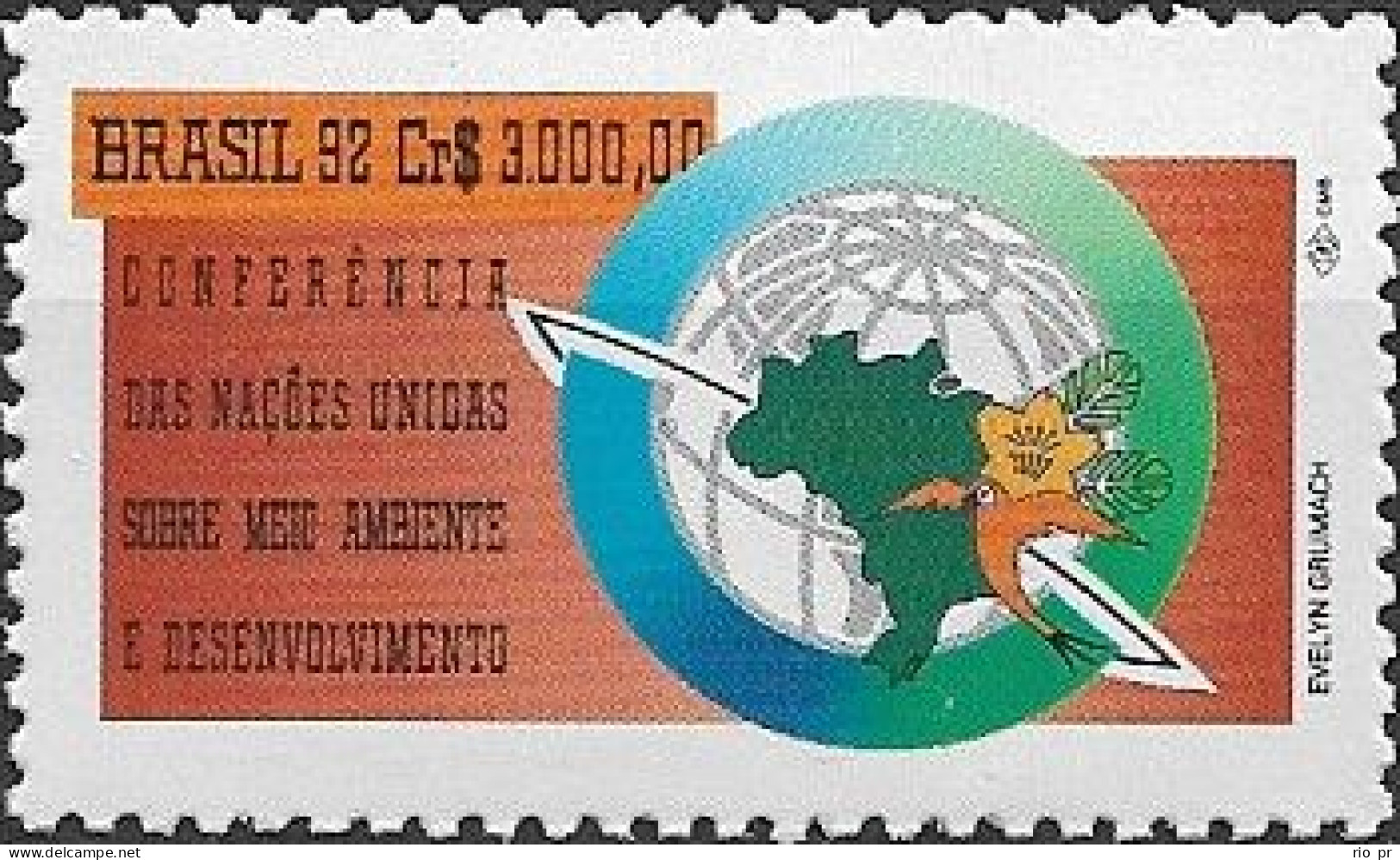 BRAZIL - UN CONFERENCE ON ENVIRONMENTAL DEVELOPMENT, RIO (Cr$ 3.000, GLOBE AND MAP OF BRAZIL) 1992 - MNH - Environment & Climate Protection