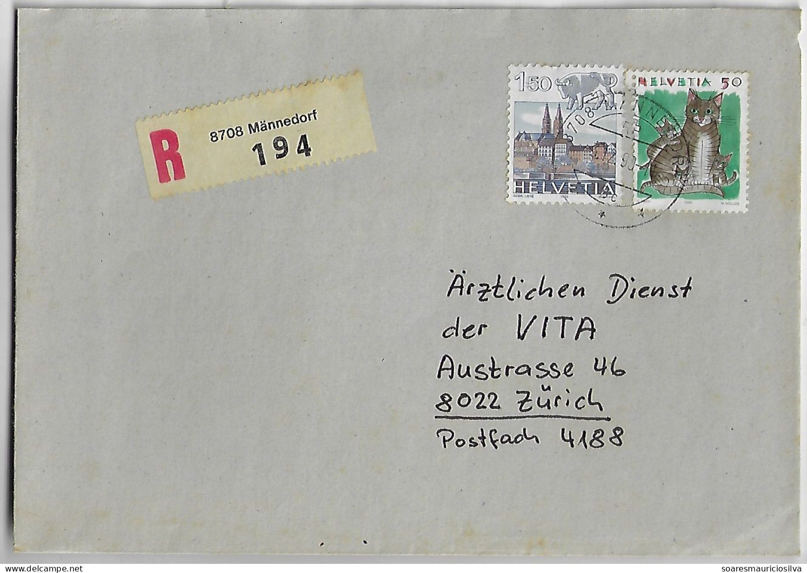 Switzerland 1990 Registered Cover Sent From Mämmedorf To Zurich Stamp Zodiac Sign Taurus & Basel Cathedral Domestic Cat - Storia Postale