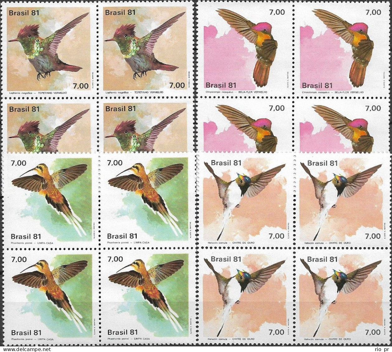 BRAZIL - COMPLETE SET IN BLOCKS OF FOUR HUMMINGBIRDS 1981 - MNH - Colibrì