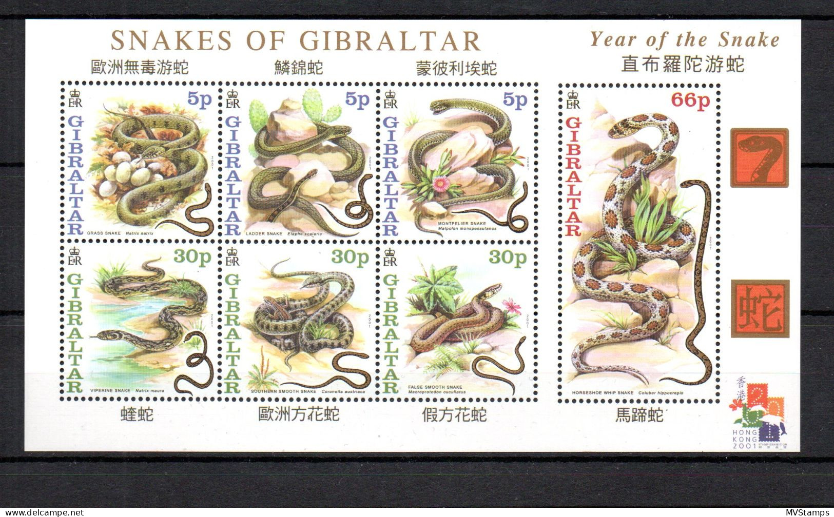 Gibraltar 2001 Set Snakes/Reptiles Stamps (Michel 955/61 Klb) MNH - Gibraltar