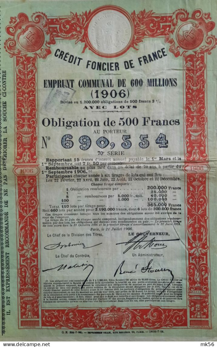 Credit Foncier De France - Obligation De  500 Francs Au Porteur - Paris - 1906 - Banque & Assurance