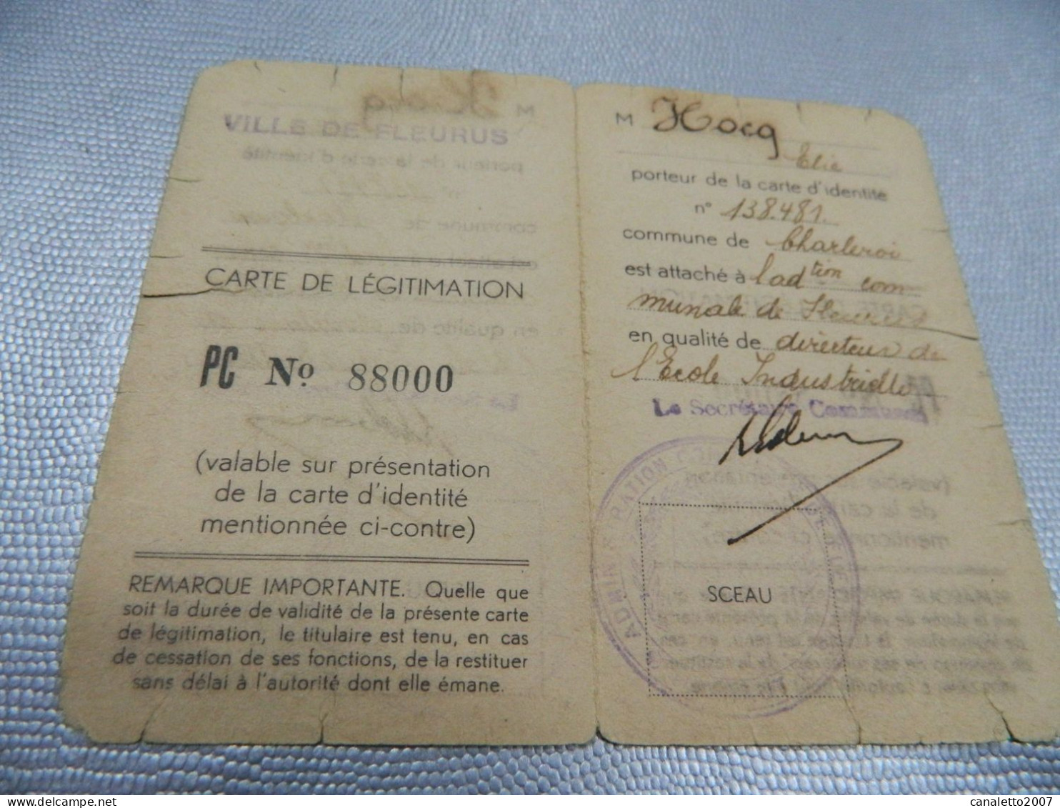 TRAM +FLEURUS: CARTE DE LEGITIMATION DE 1944 DE TRAM POUR HOCQ ELIE  DIRECTEUR DE L'ECOLE INDUSTRIEL - Europe