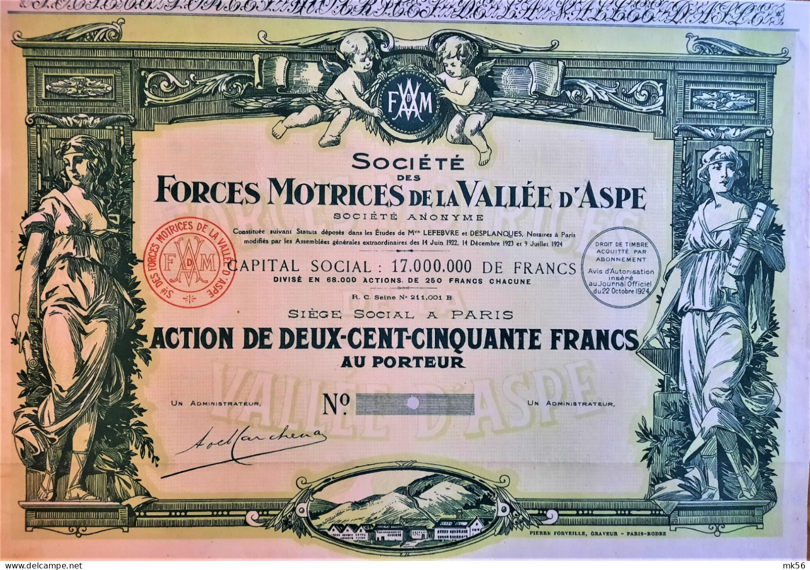 Société Force Motrice De Ka Vallée D'Aspe - Action De 250 Francs - 1924 - Paris - DECO ! - Sports