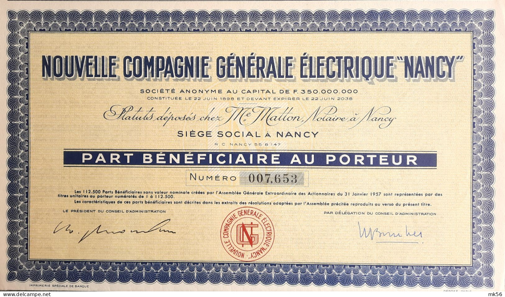 Nouvelle Compagnie Générale Electrique "Nancy" - 1957 - Part Bénéficiaire - Electricité & Gaz