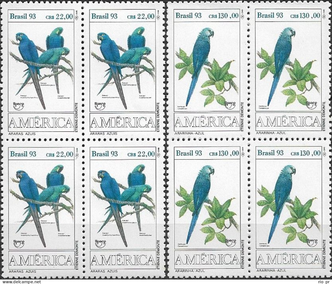 BRAZIL - COMPLETE SET IN BLOCKS OF FOUR ENDANGERED BIRDS (UPAEP ISSUE) 1993 - MNH - Perroquets & Tropicaux