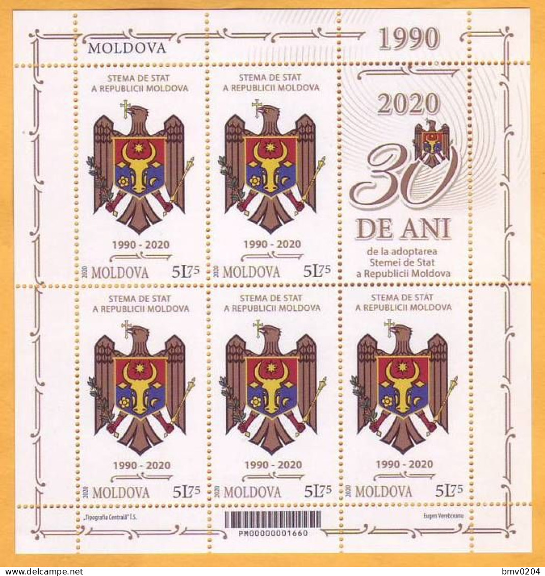 2020  Moldova Moldavie  Sheet 30 Years Since The Adoption Of Republic Of Moldova Coat Of Arms Mint 5,75 - Francobolli