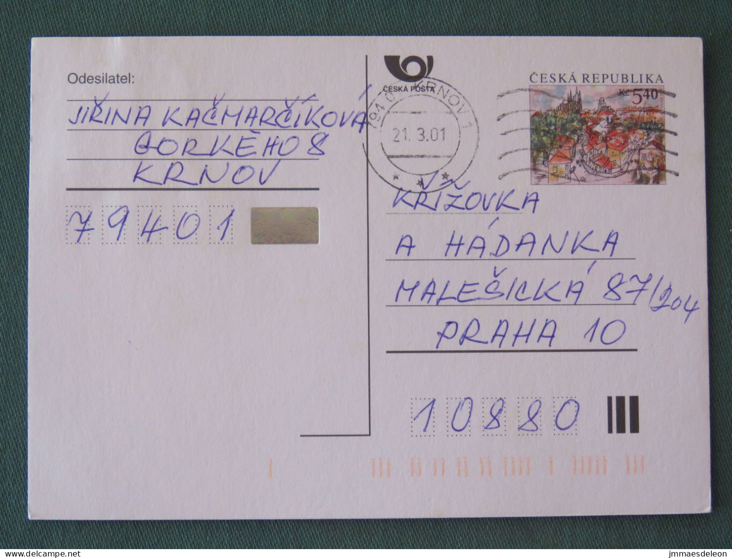 Czech Republic 2001 Stationery Postcard 5.40 Kcs Prague Sent Locally - Covers & Documents