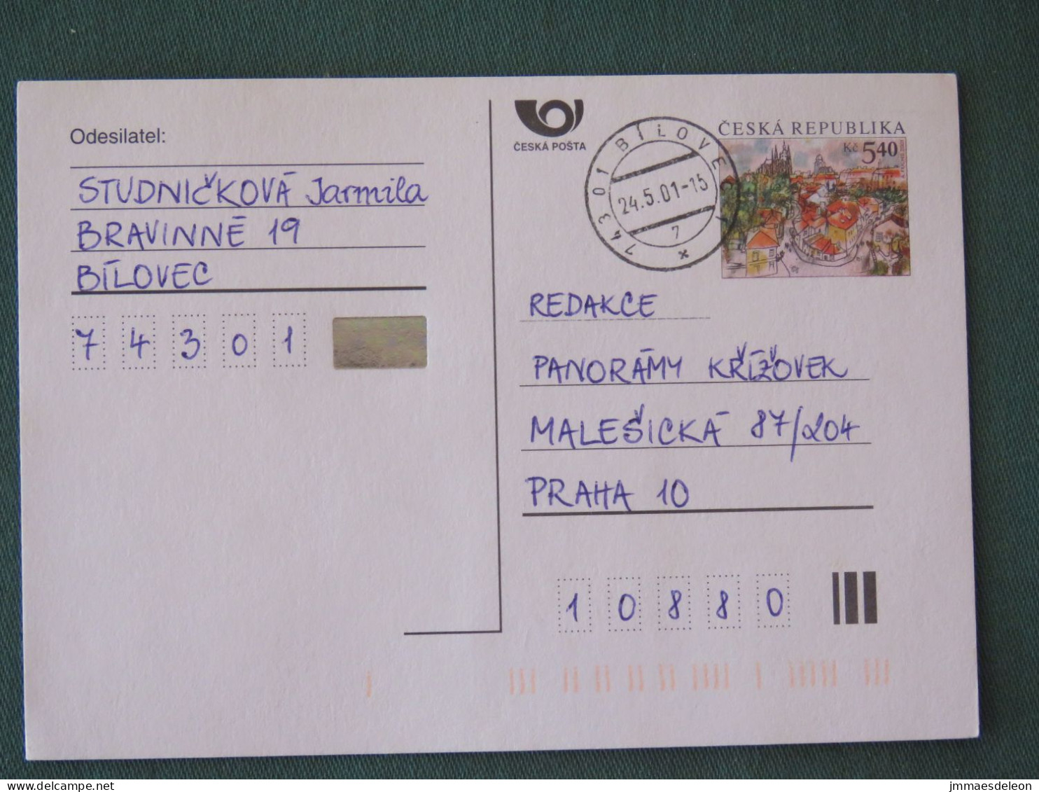 Czech Republic 2001 Stationery Postcard 5.40 Kcs Prague Sent Locally - Brieven En Documenten