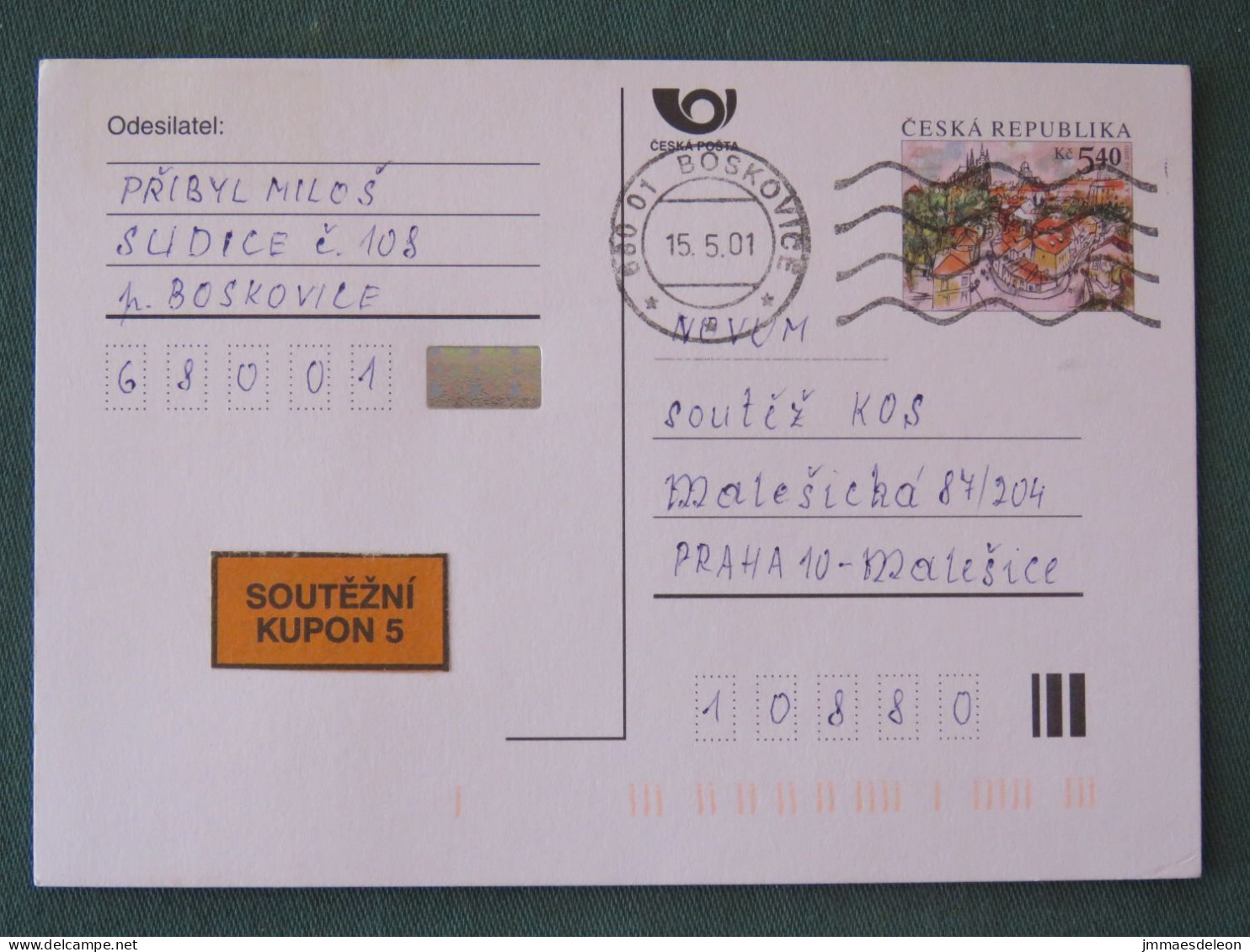 Czech Republic 2001 Stationery Postcard 5.40 Kcs Prague Sent Locally - Storia Postale
