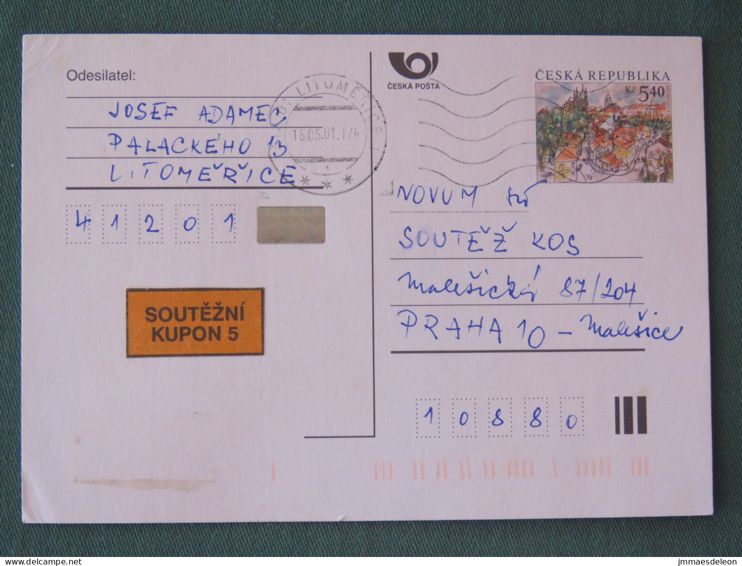 Czech Republic 2001 Stationery Postcard 5.40 Kcs Prague Sent Locally - Brieven En Documenten