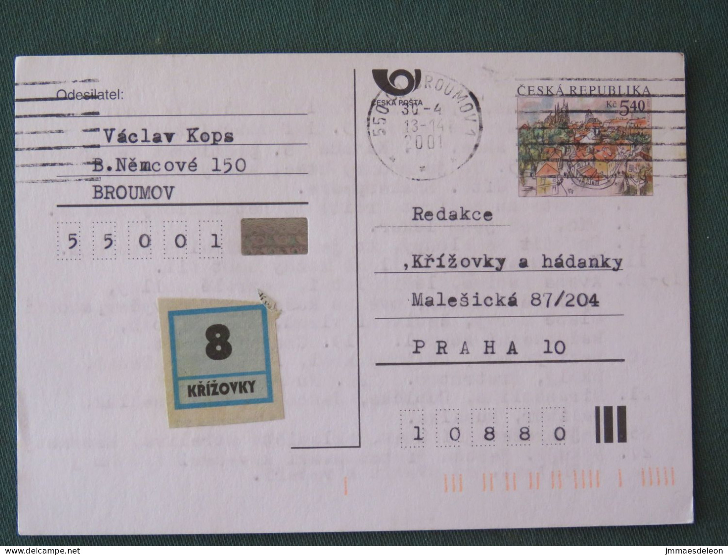 Czech Republic 2001 Stationery Postcard 5.40 Kcs Prague Sent Locally - Cartas & Documentos