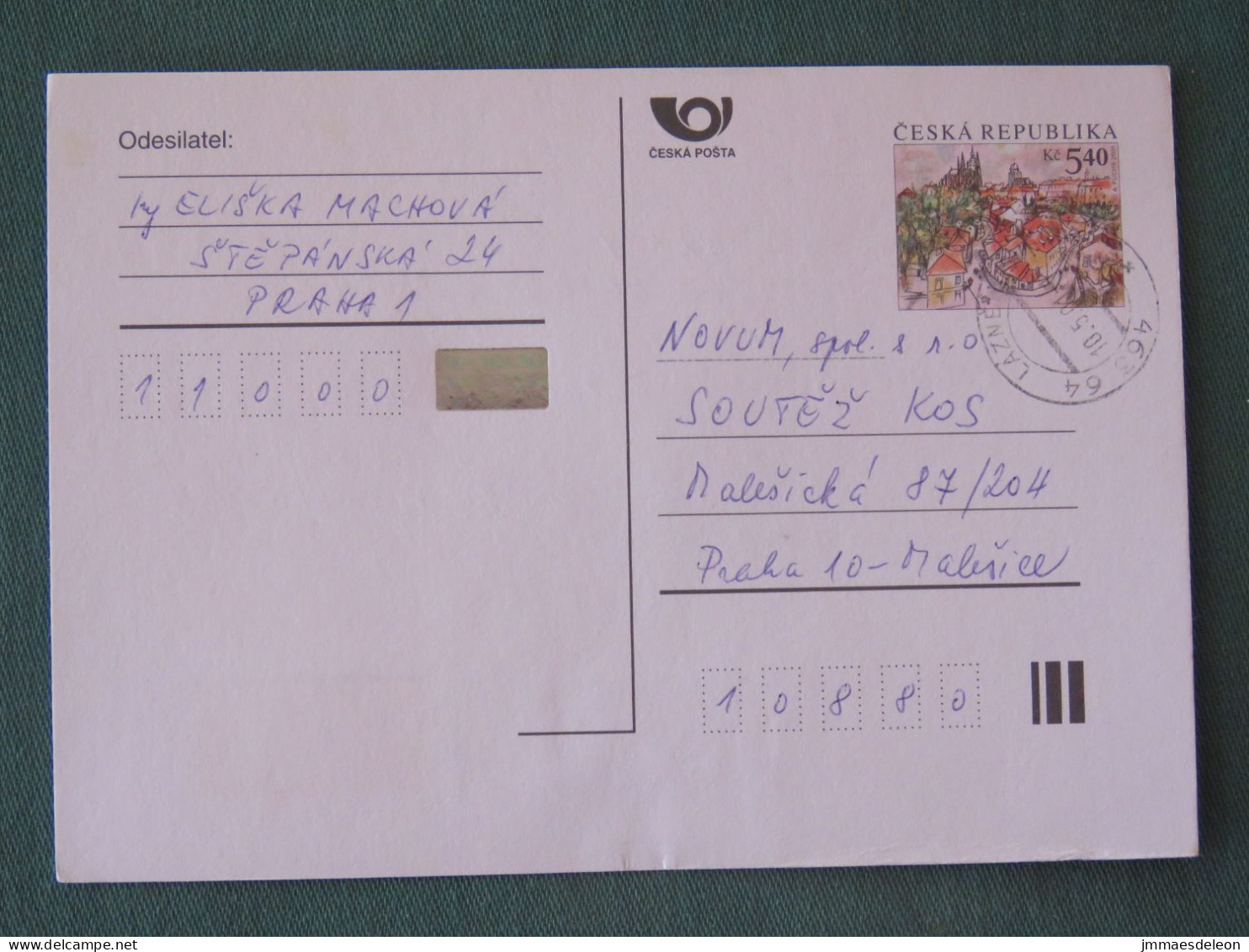 Czech Republic 2001 Stationery Postcard 5.40 Kcs Prague Sent Locally - Cartas & Documentos