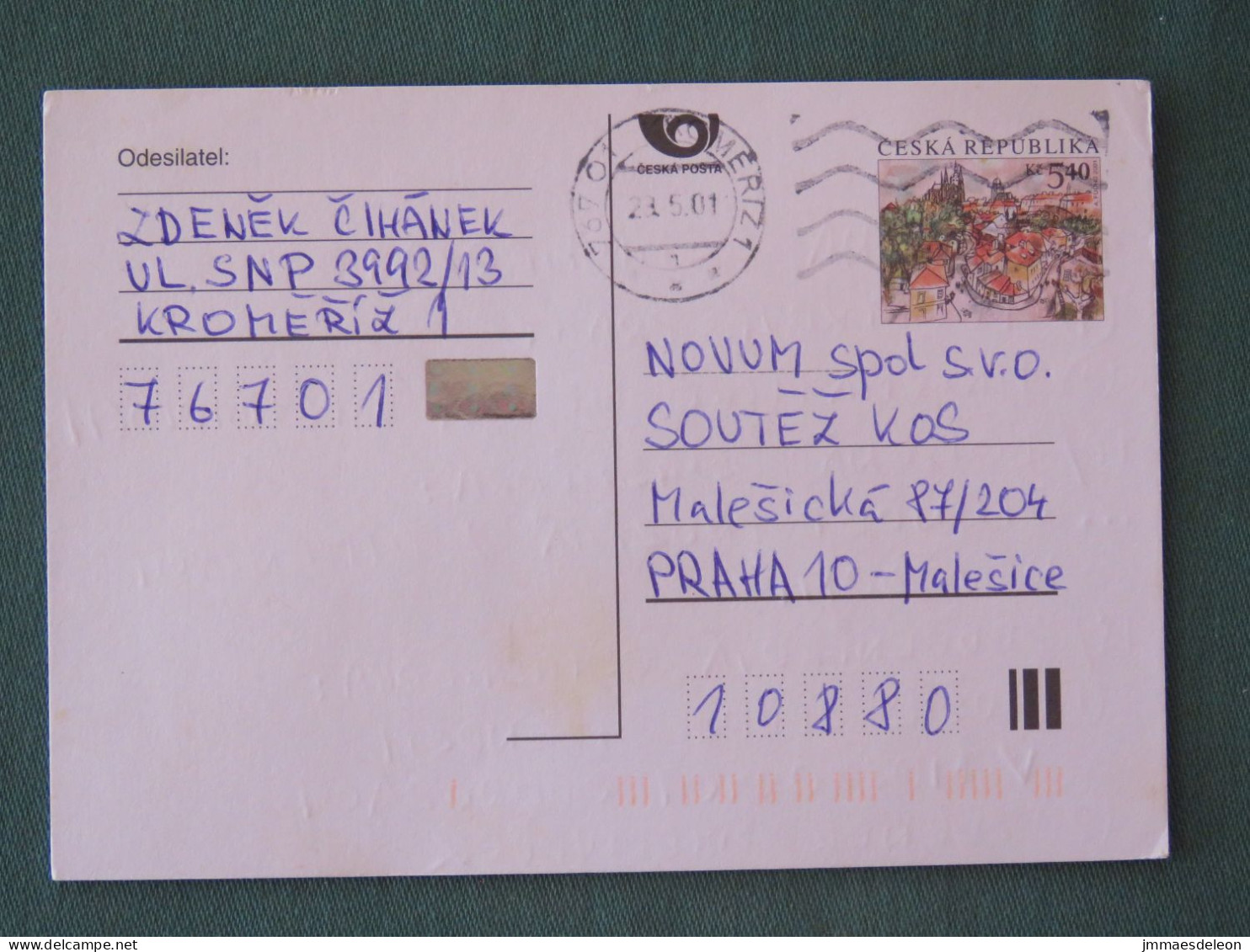 Czech Republic 2001 Stationery Postcard 5.40 Kcs Prague Sent Locally - Lettres & Documents