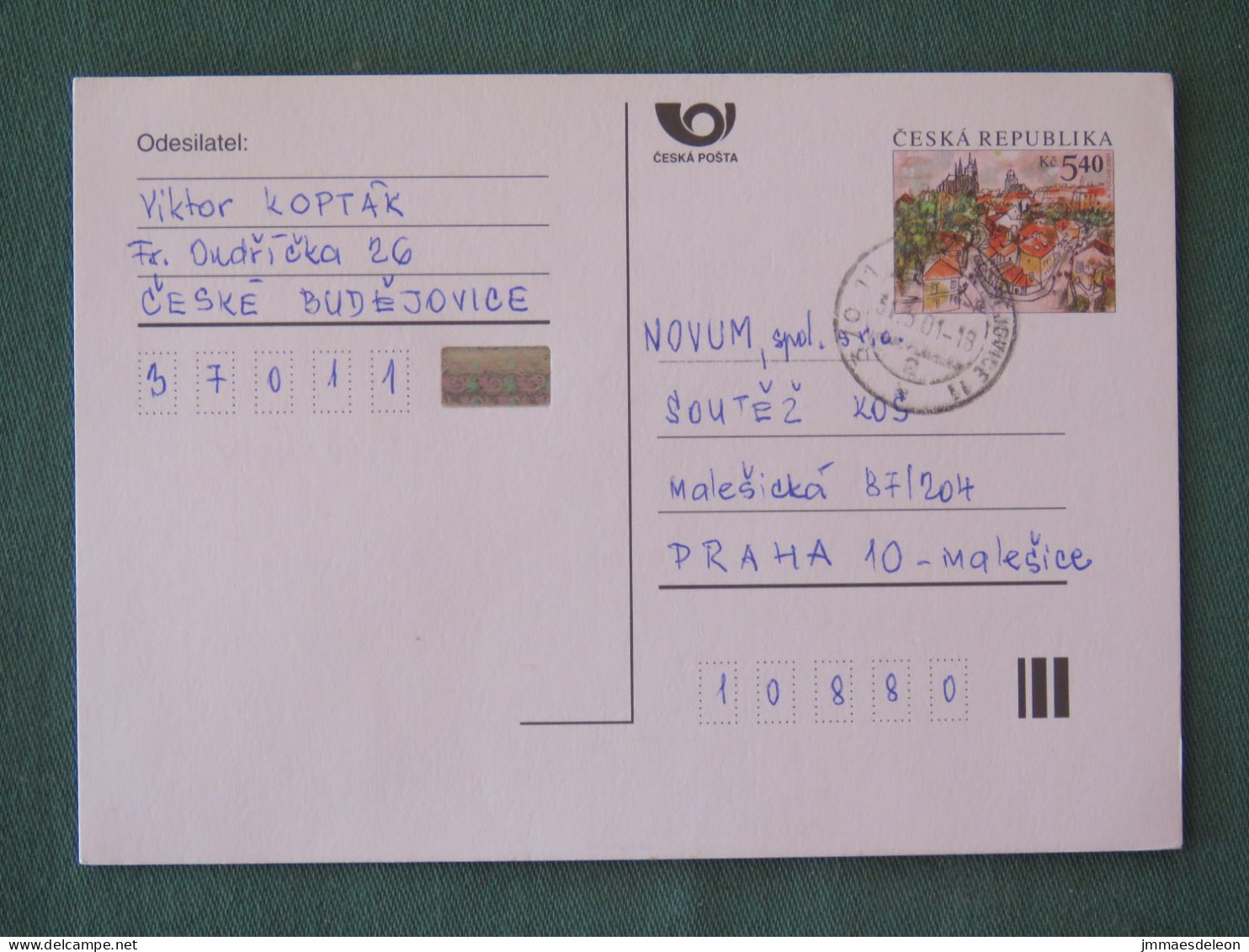 Czech Republic 2001 Stationery Postcard 5.40 Kcs Prague Sent Locally - Briefe U. Dokumente