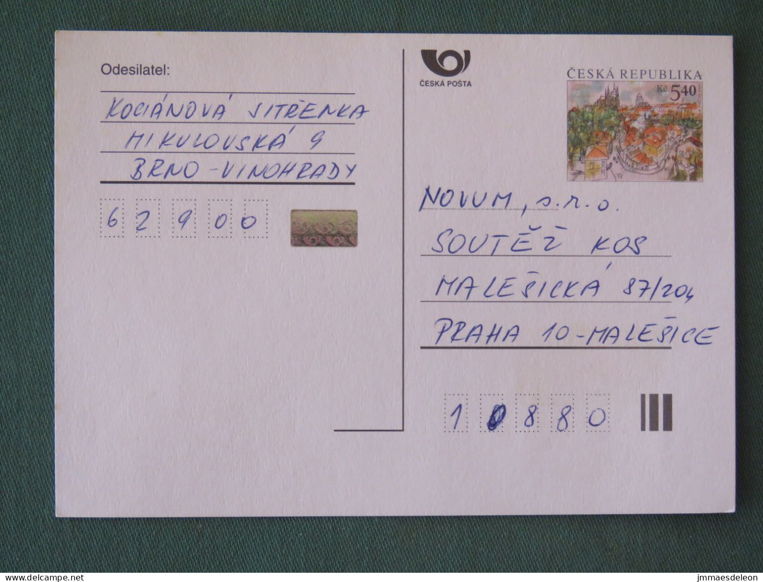 Czech Republic 2001 Stationery Postcard 5.40 Kcs Prague Sent Locally - Covers & Documents