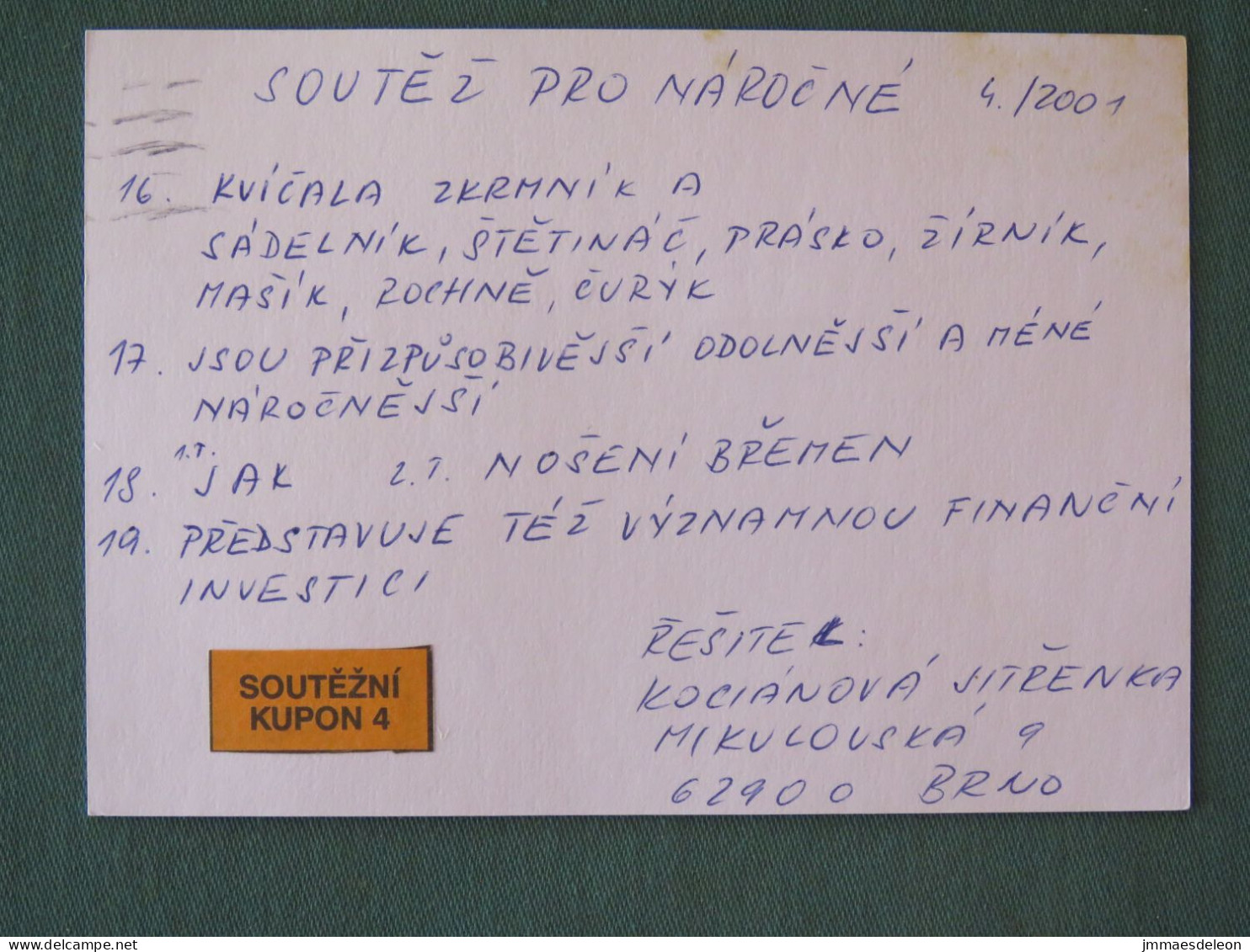 Czech Republic 2001 Stationery Postcard 5.40 Kcs Prague Sent Locally - Briefe U. Dokumente