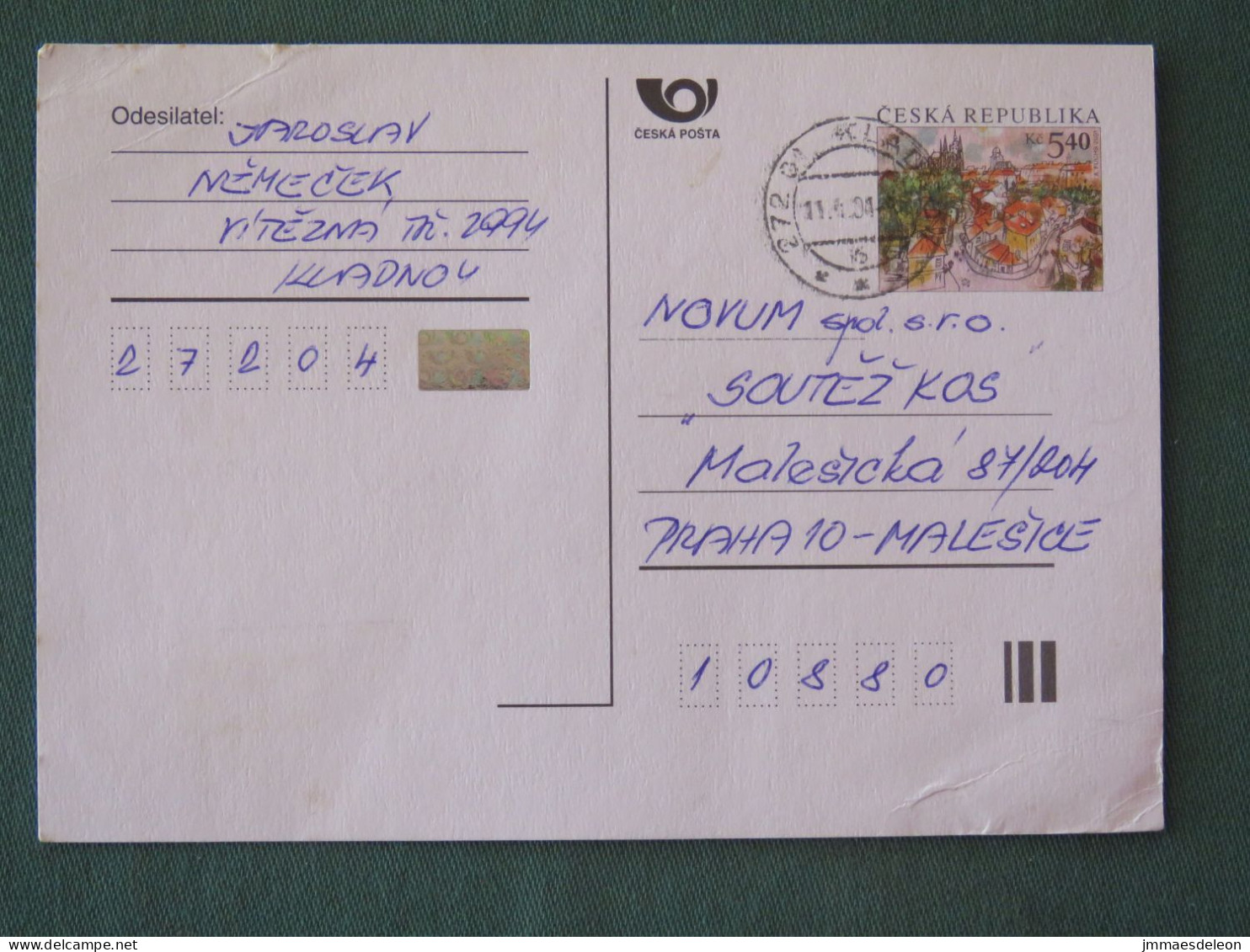 Czech Republic 2001 Stationery Postcard 5.40 Kcs Prague Sent Locally - Covers & Documents