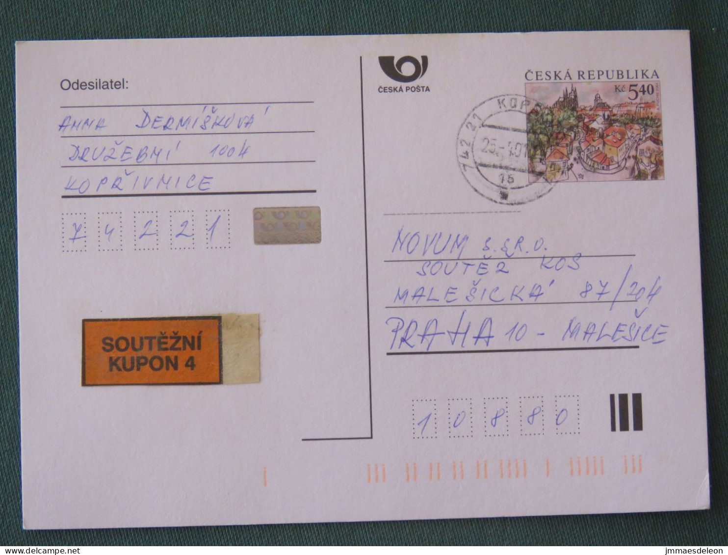 Czech Republic 2001 Stationery Postcard 5.40 Kcs Prague Sent Locally - Brieven En Documenten