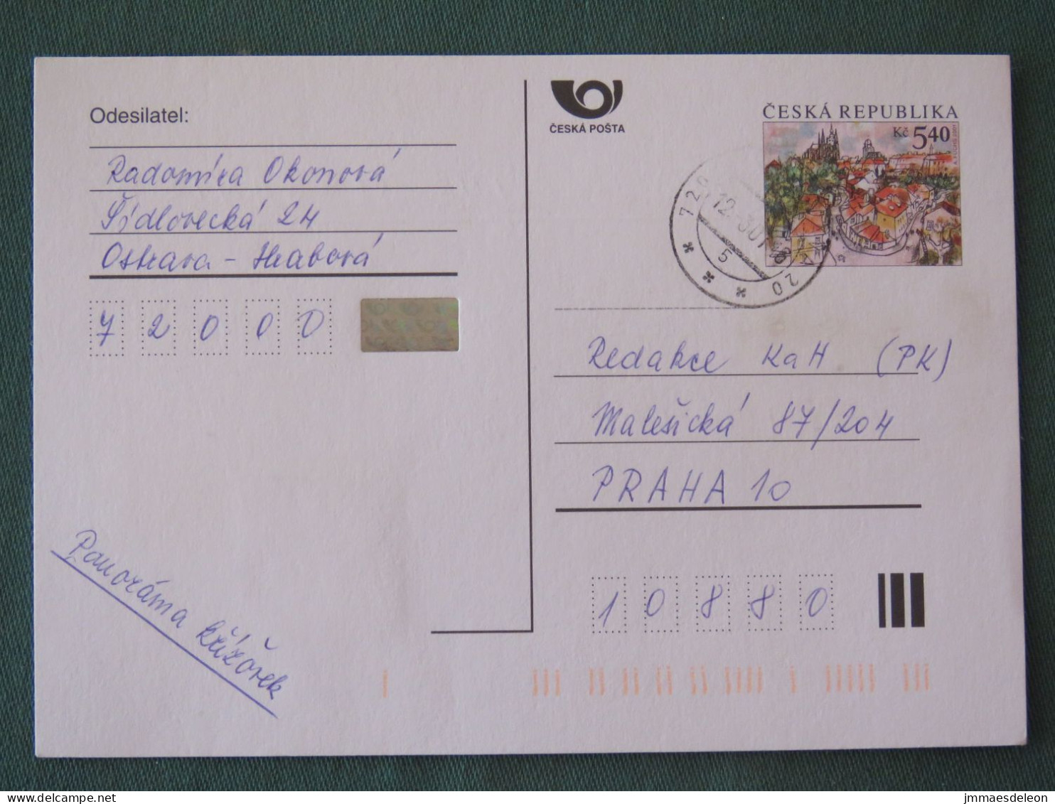 Czech Republic 2001 Stationery Postcard 5.40 Kcs Prague Sent Locally - Brieven En Documenten