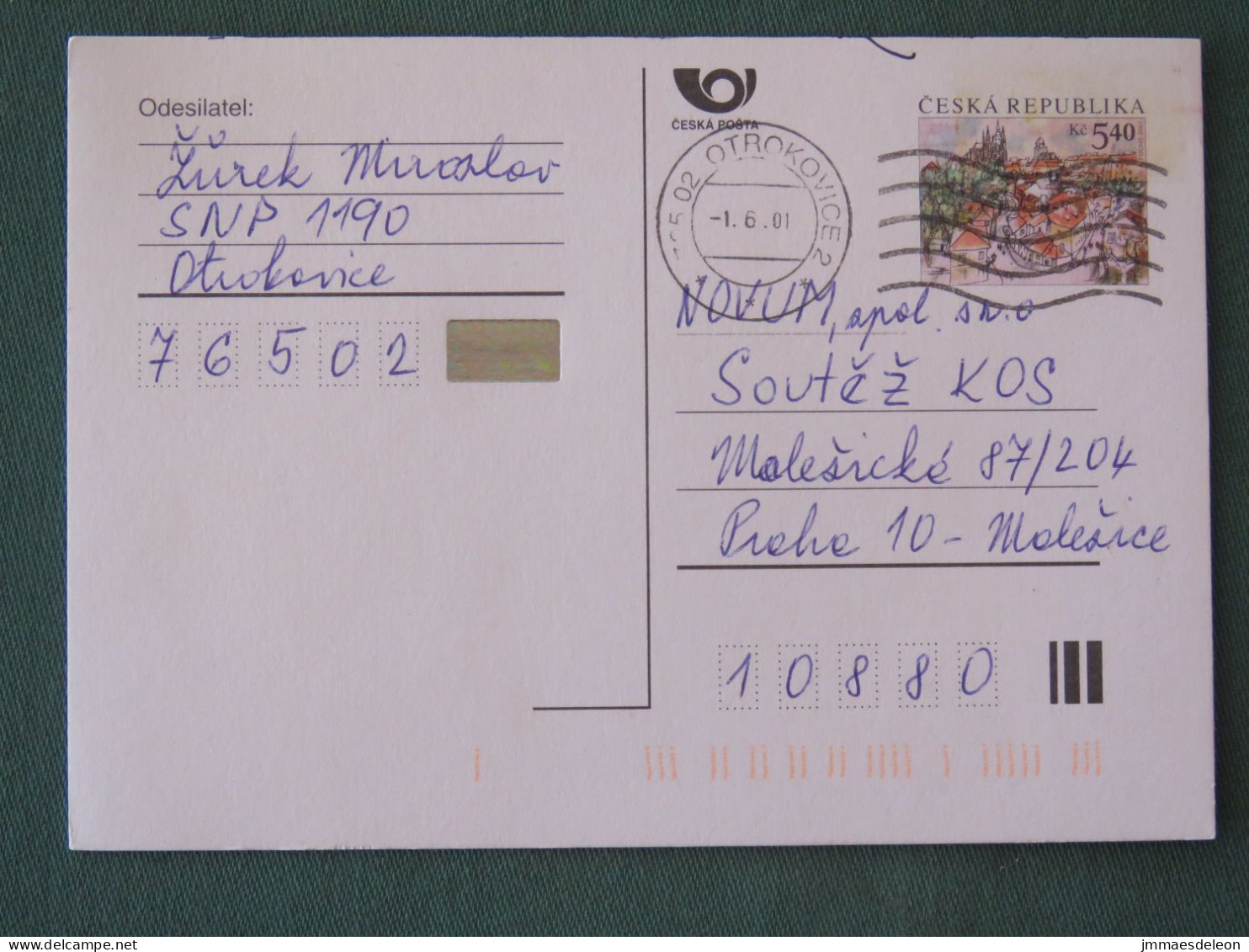 Czech Republic 2001 Stationery Postcard 5.40 Kcs Prague Sent Locally - Briefe U. Dokumente