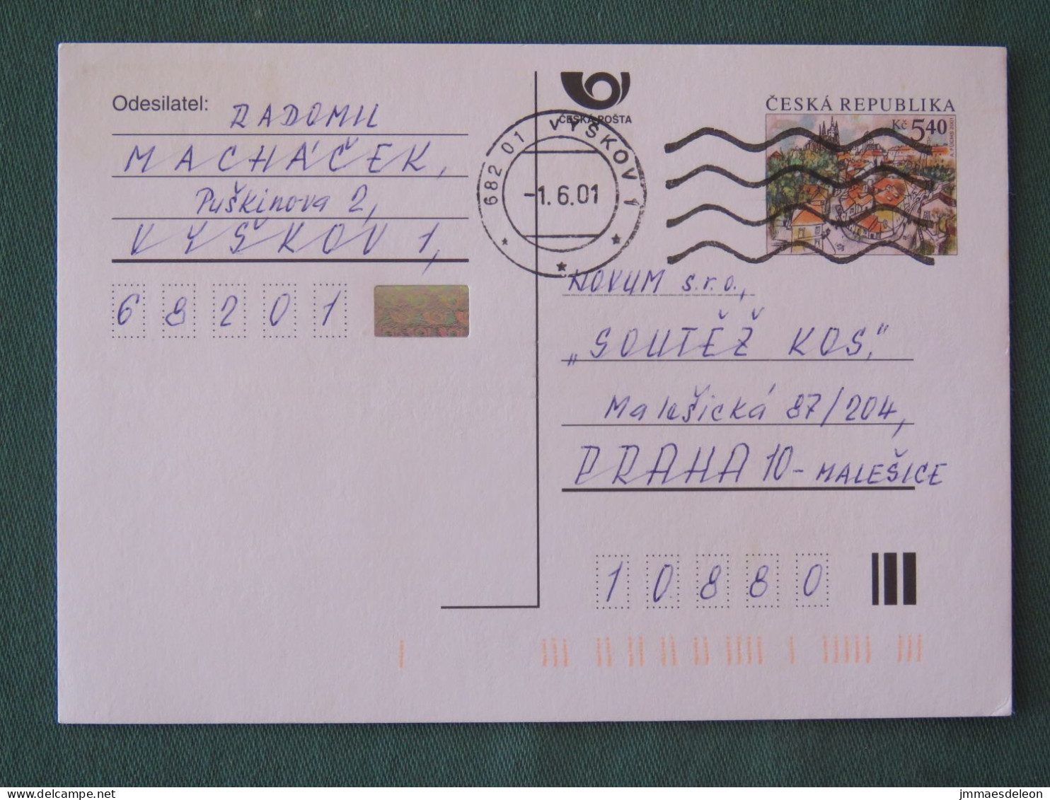 Czech Republic 2001 Stationery Postcard 5.40 Kcs Prague Sent Locally - Covers & Documents