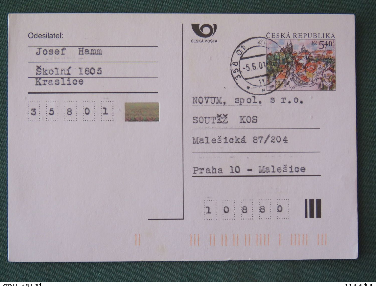 Czech Republic 2001 Stationery Postcard 5.40 Kcs Prague Sent Locally - Cartas & Documentos