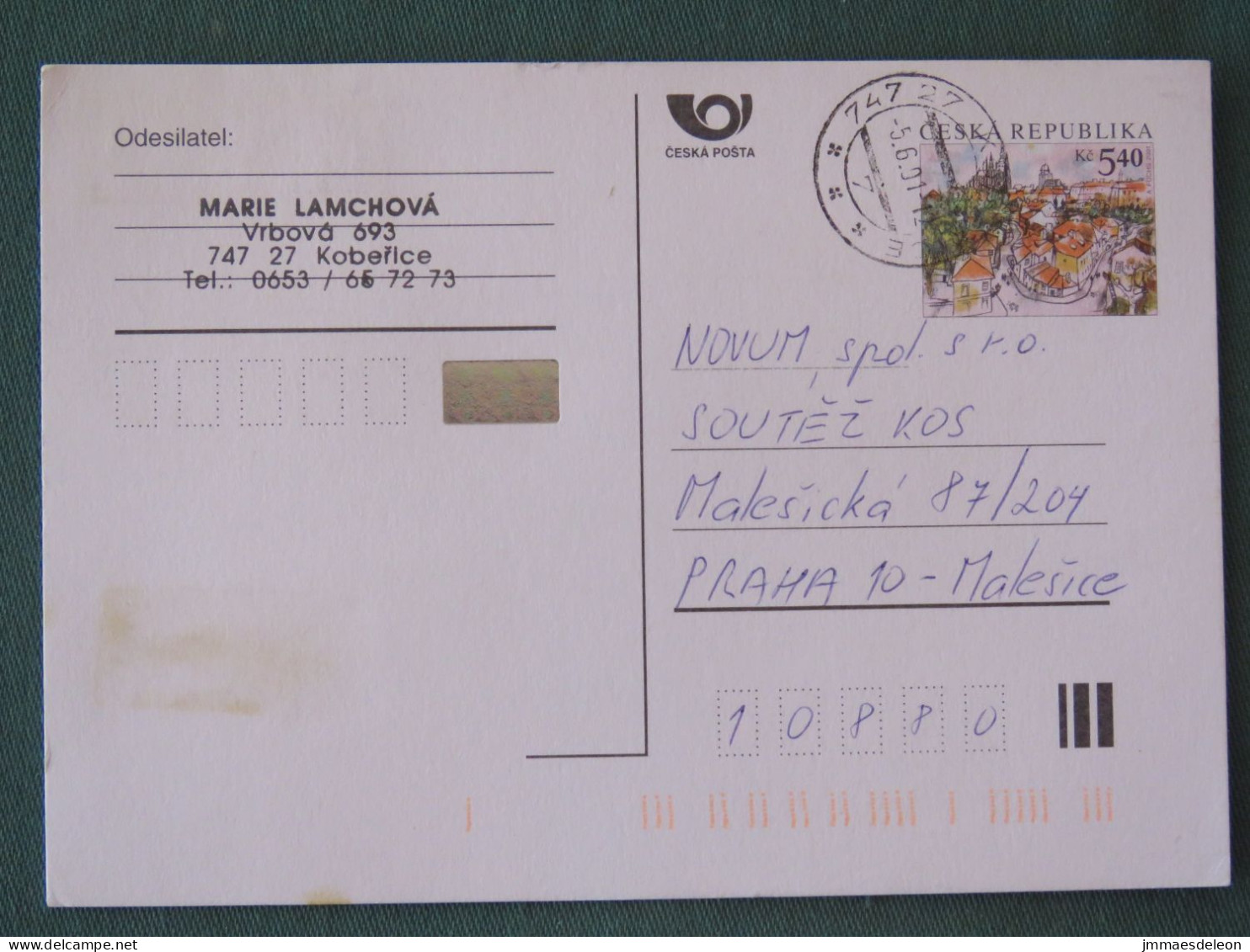 Czech Republic 2001 Stationery Postcard 5.40 Kcs Prague Sent Locally - Lettres & Documents