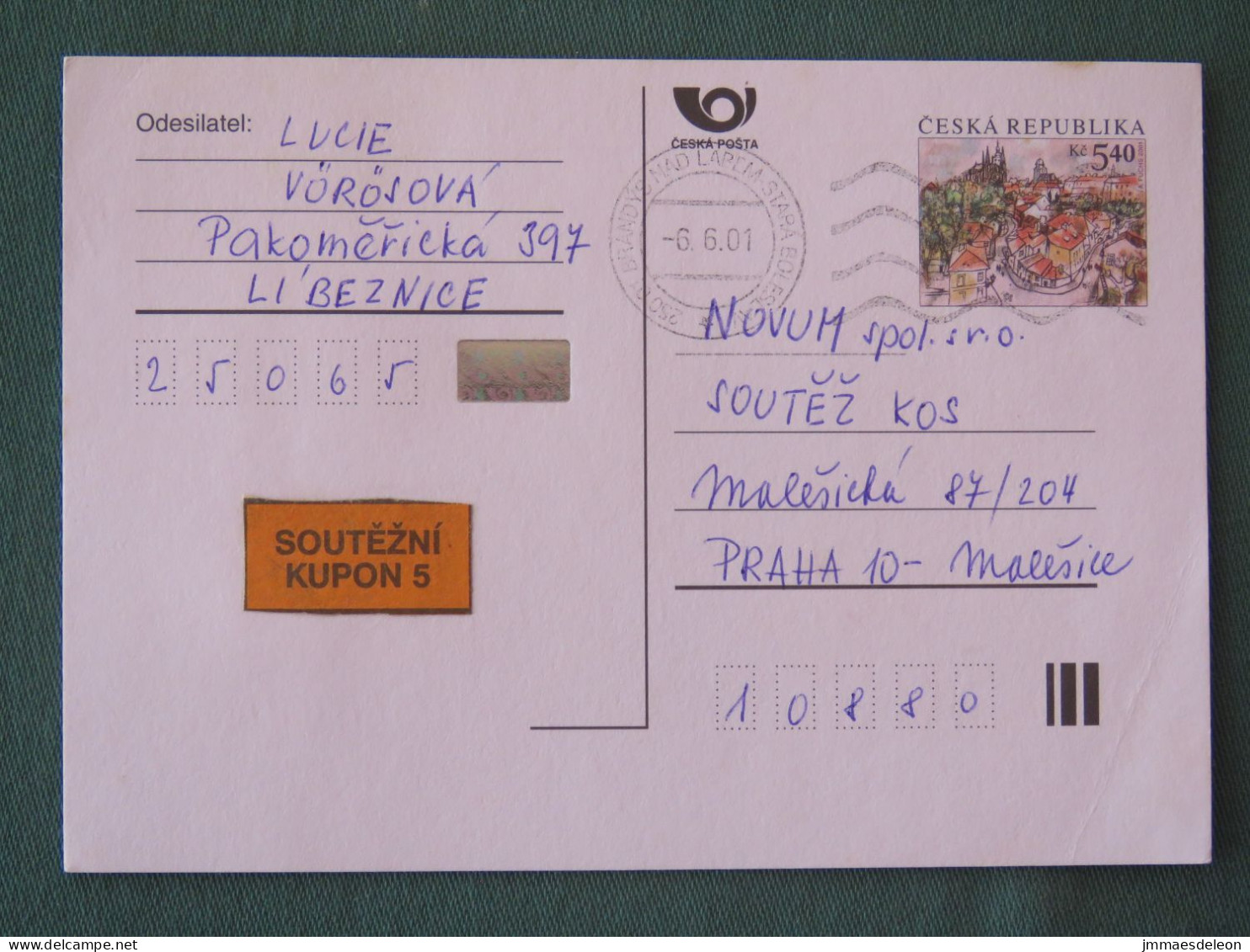 Czech Republic 2001 Stationery Postcard 5.40 Kcs Prague Sent Locally - Storia Postale