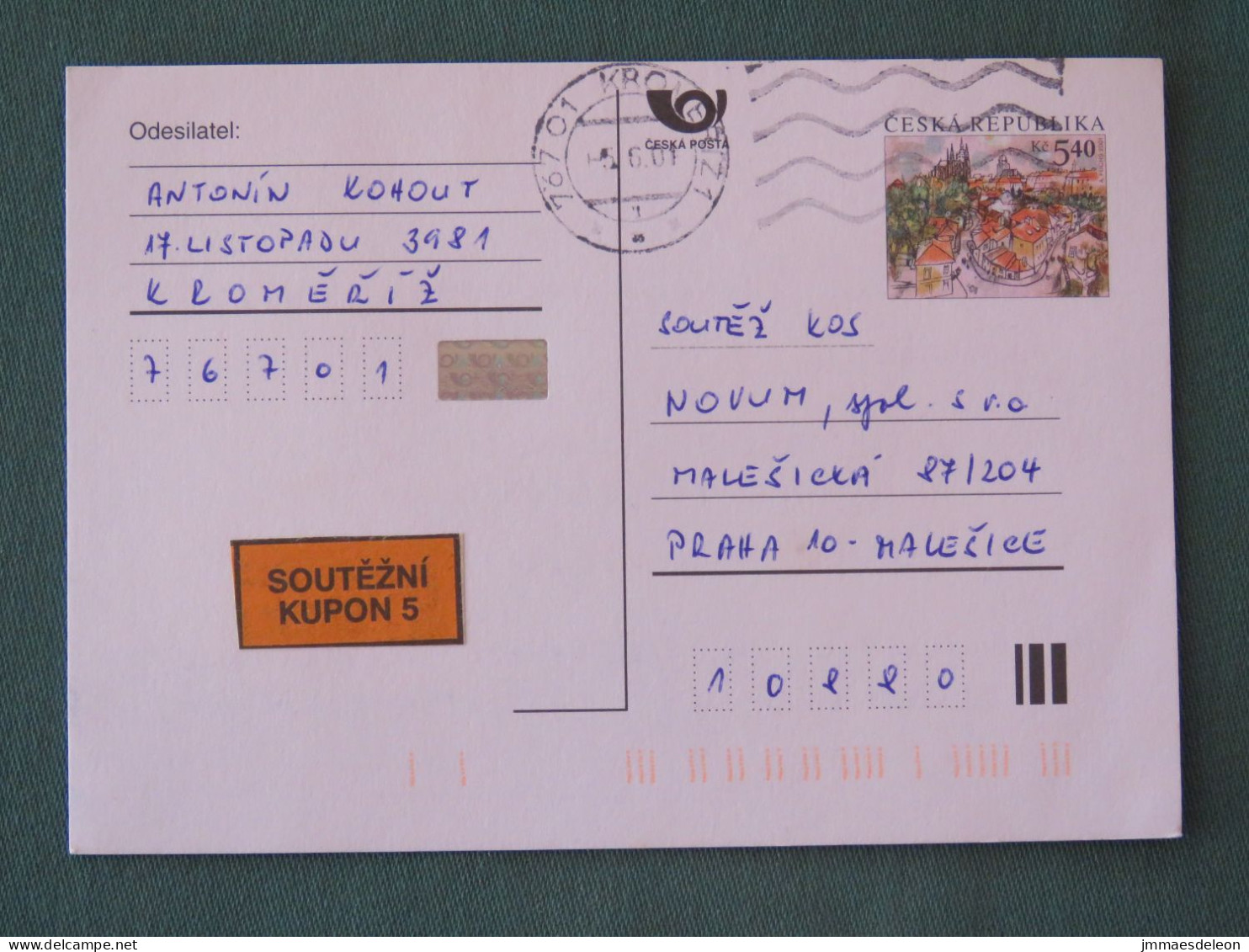 Czech Republic 2001 Stationery Postcard 5.40 Kcs Prague Sent Locally - Lettres & Documents